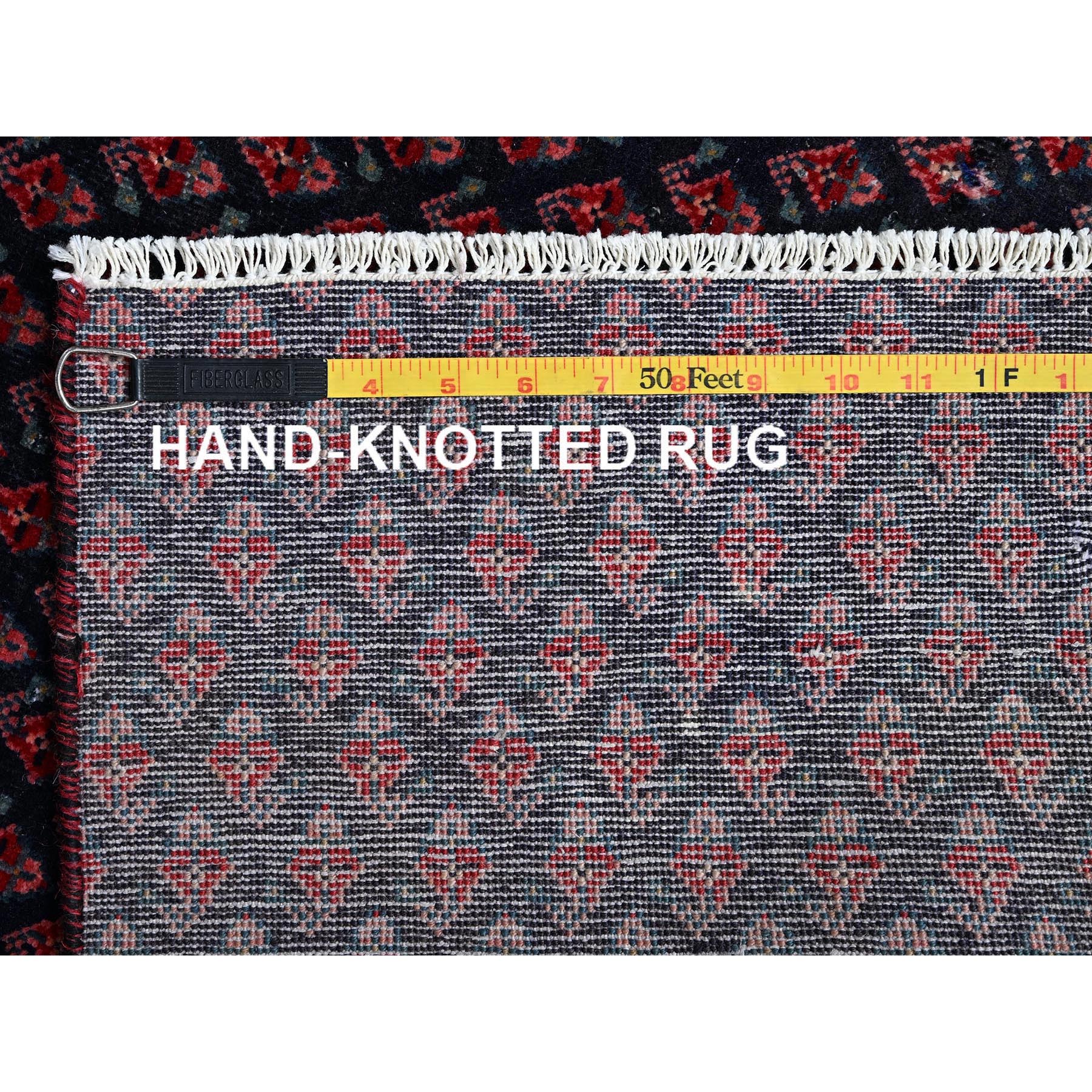 2'9"x8'4" Midnight Blue with Wine Red, Vintage Persian Tabriz with Small and Intricate All Over Paisley Design, Cropped Thin, Zero Pile, Sides and Ends Professionally Secured, Clean, Hand Knotted, Pure Wool, Runner, Oriental Rug Sh992