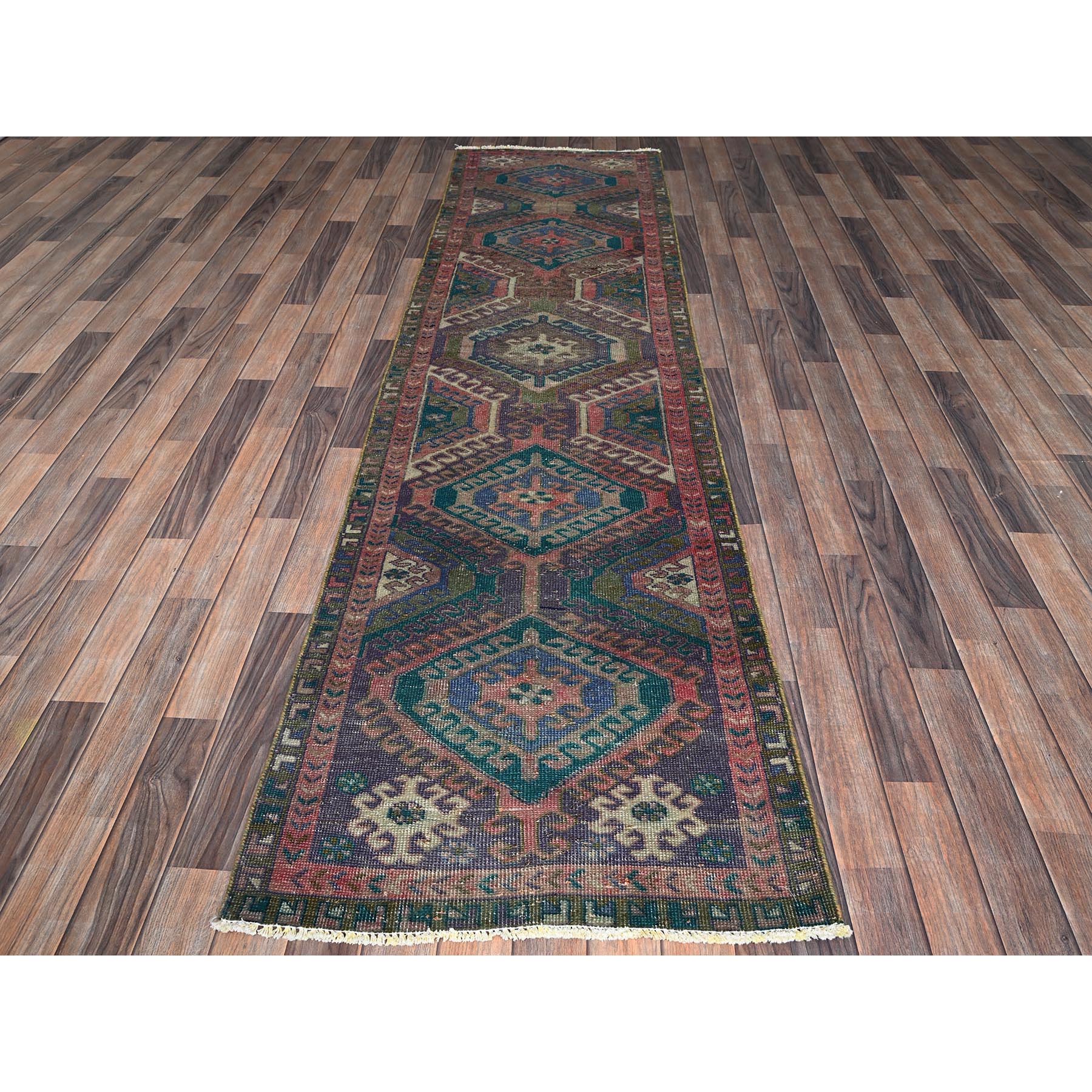 2'7"x9'10" Rose Pink, Overdyed Vintage Persian Hamadan with Geometric Pattern, Hand Knotted, 100% Wool, Stone Washed, Distressed, Sheared Low, Zero Pile, Sides and Ends Professionally Secured, Runner, Oriental Rug Sh993