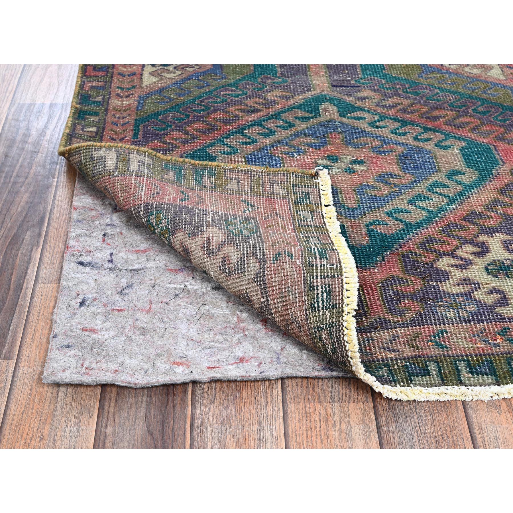 2'7"x9'10" Rose Pink, Overdyed Vintage Persian Hamadan with Geometric Pattern, Hand Knotted, 100% Wool, Stone Washed, Distressed, Sheared Low, Zero Pile, Sides and Ends Professionally Secured, Runner, Oriental Rug Sh993