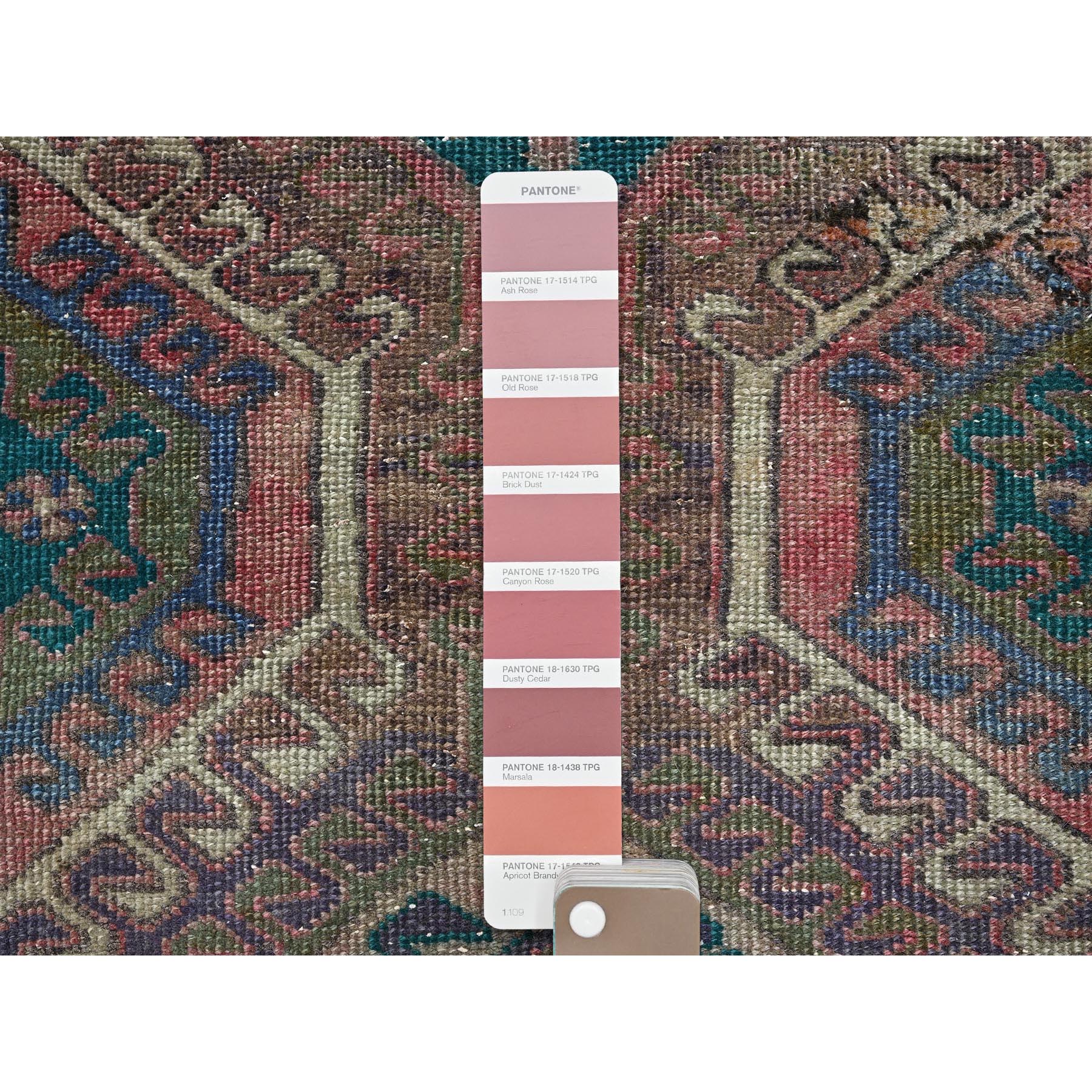 2'7"x9'10" Rose Pink, Overdyed Vintage Persian Hamadan with Geometric Pattern, Hand Knotted, 100% Wool, Stone Washed, Distressed, Sheared Low, Zero Pile, Sides and Ends Professionally Secured, Runner, Oriental Rug Sh993