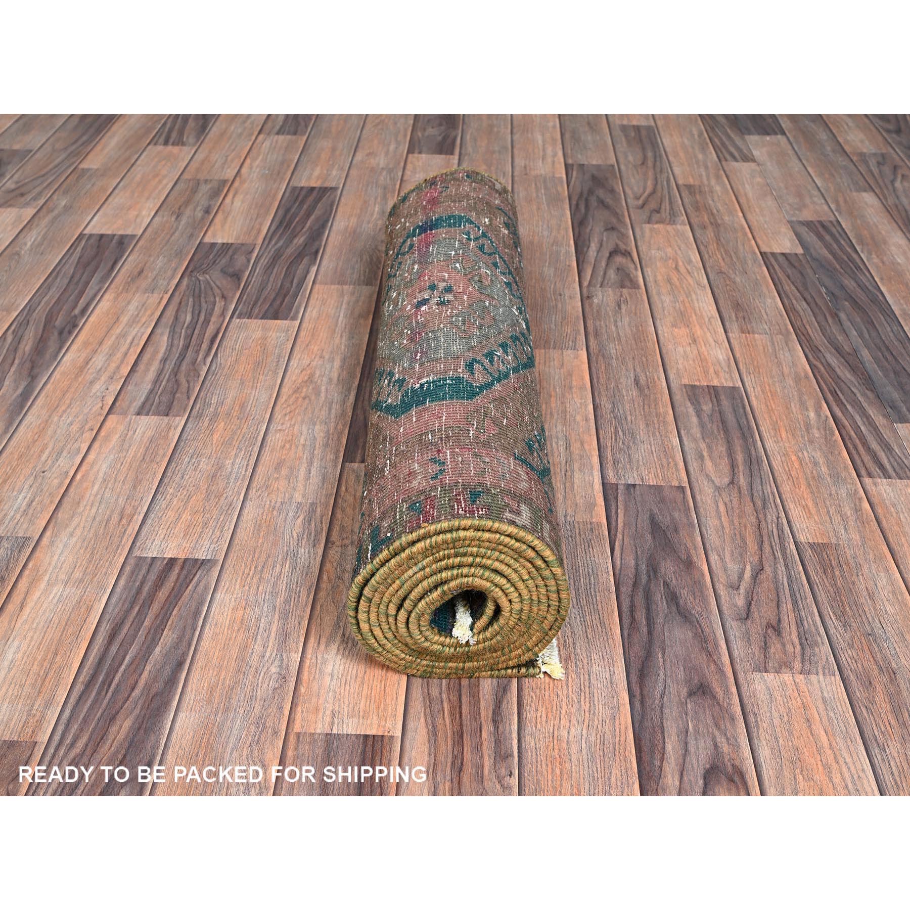 2'7"x9'10" Rose Pink, Overdyed Vintage Persian Hamadan with Geometric Pattern, Hand Knotted, 100% Wool, Stone Washed, Distressed, Sheared Low, Zero Pile, Sides and Ends Professionally Secured, Runner, Oriental Rug Sh993