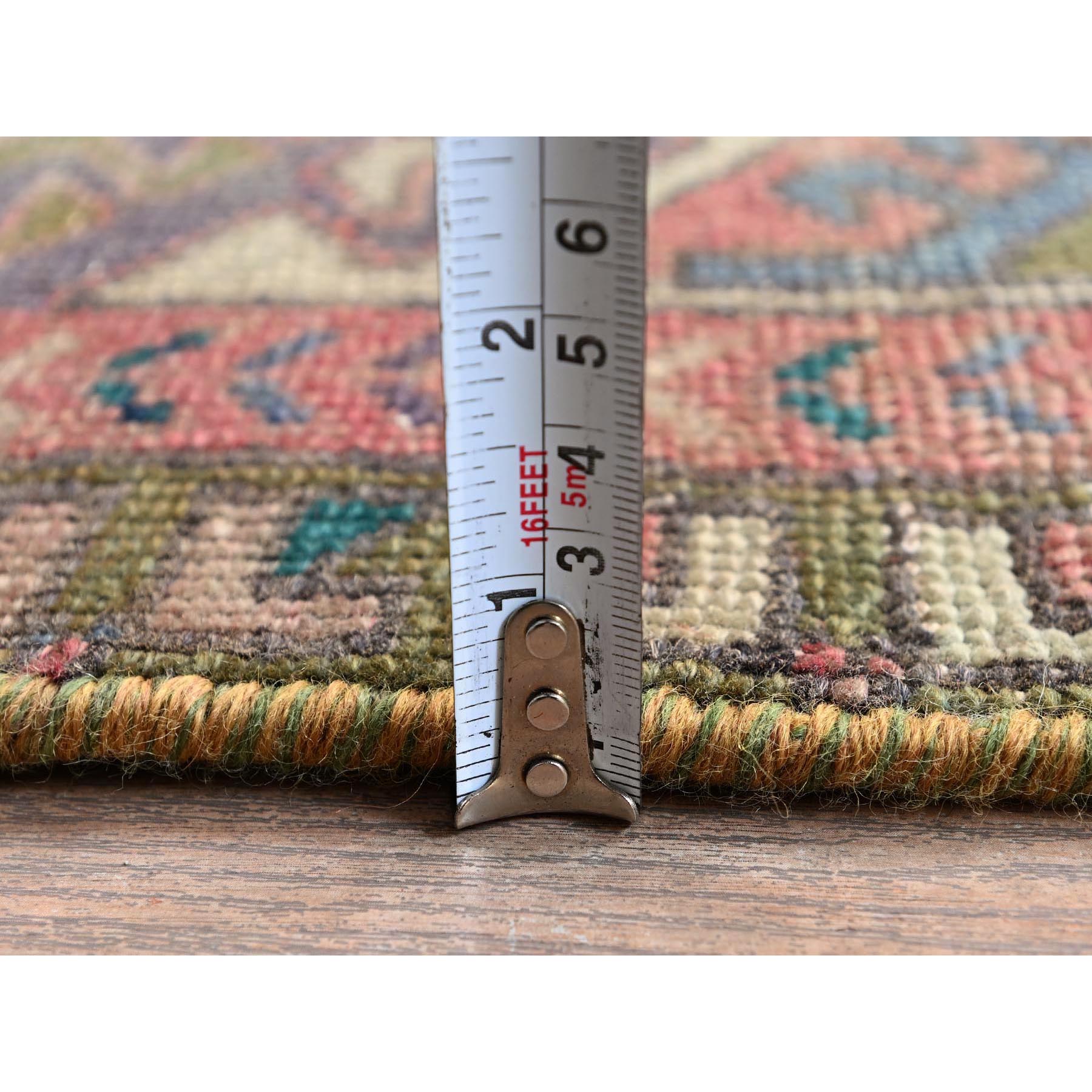 2'7"x9'10" Rose Pink, Overdyed Vintage Persian Hamadan with Geometric Pattern, Hand Knotted, 100% Wool, Stone Washed, Distressed, Sheared Low, Zero Pile, Sides and Ends Professionally Secured, Runner, Oriental Rug Sh993