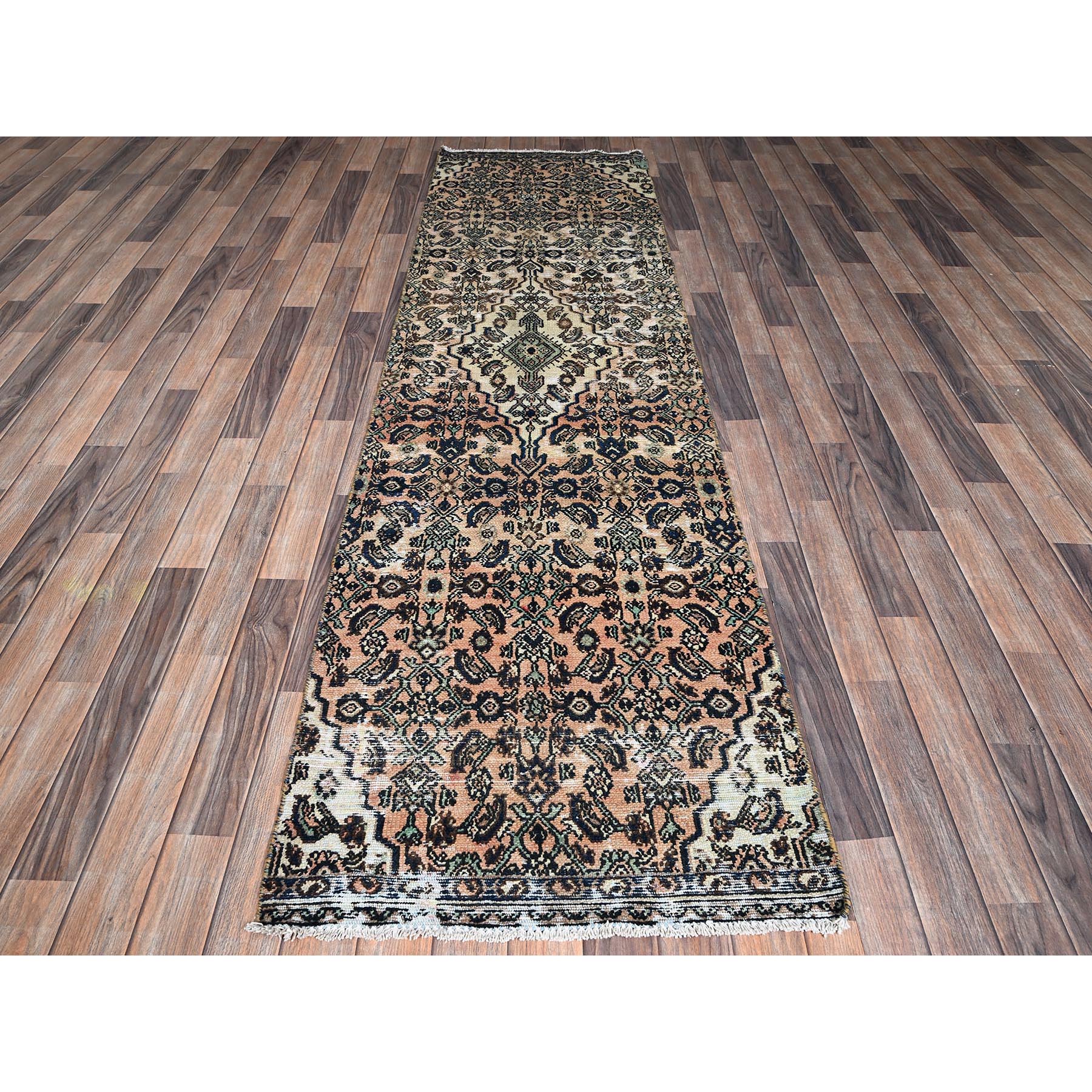 2'7"x9'1" Beige, Vintage Persian Hussainabad with All Over Design, Hand Knotted, 100% Wool, Sheared Low, Zero Pile, Sides and Ends Professionally Secured, Clean, Fragment, Runner, Oriental Rug Sh994