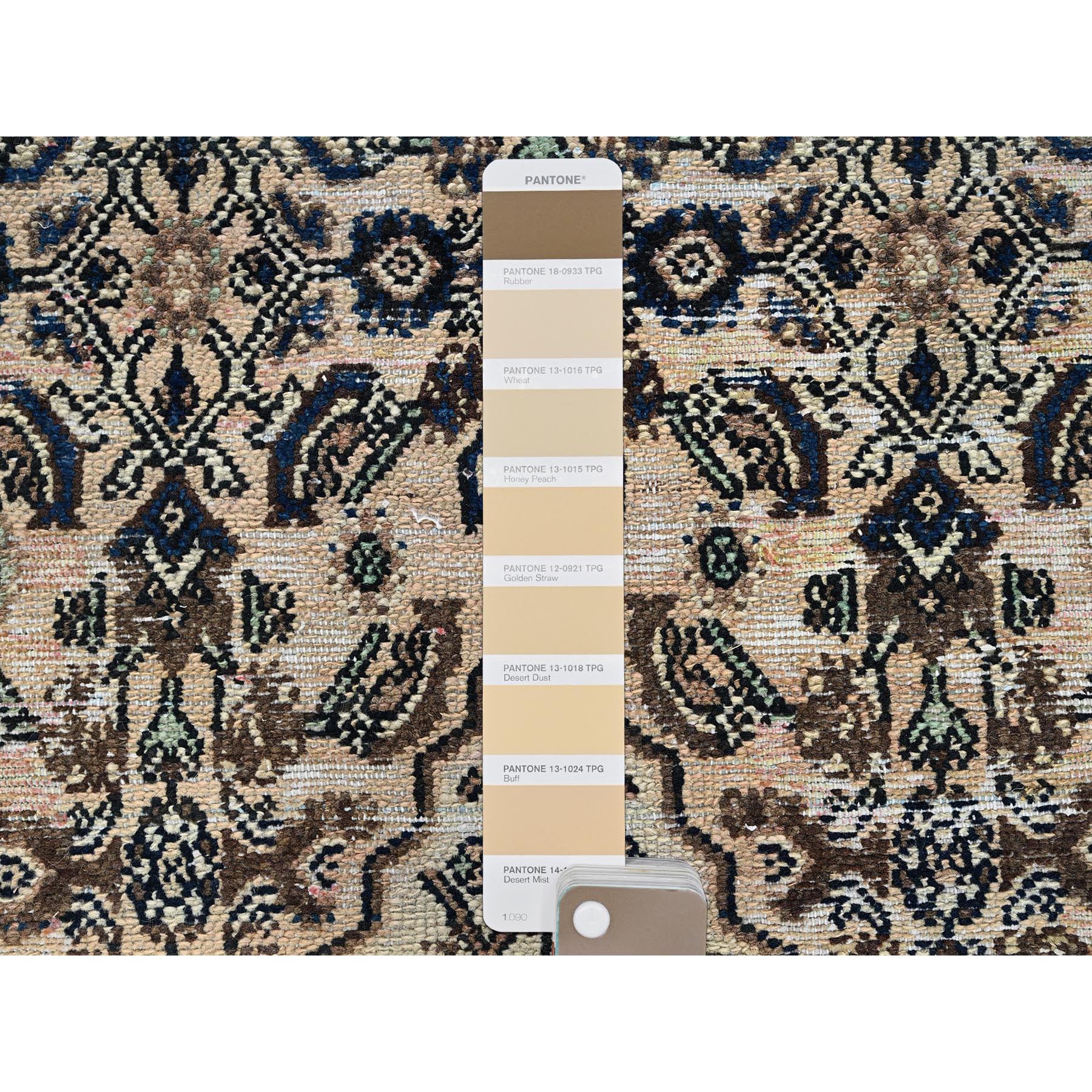 2'7"x9'1" Beige, Vintage Persian Hussainabad with All Over Design, Hand Knotted, 100% Wool, Sheared Low, Zero Pile, Sides and Ends Professionally Secured, Clean, Fragment, Runner, Oriental Rug Sh994