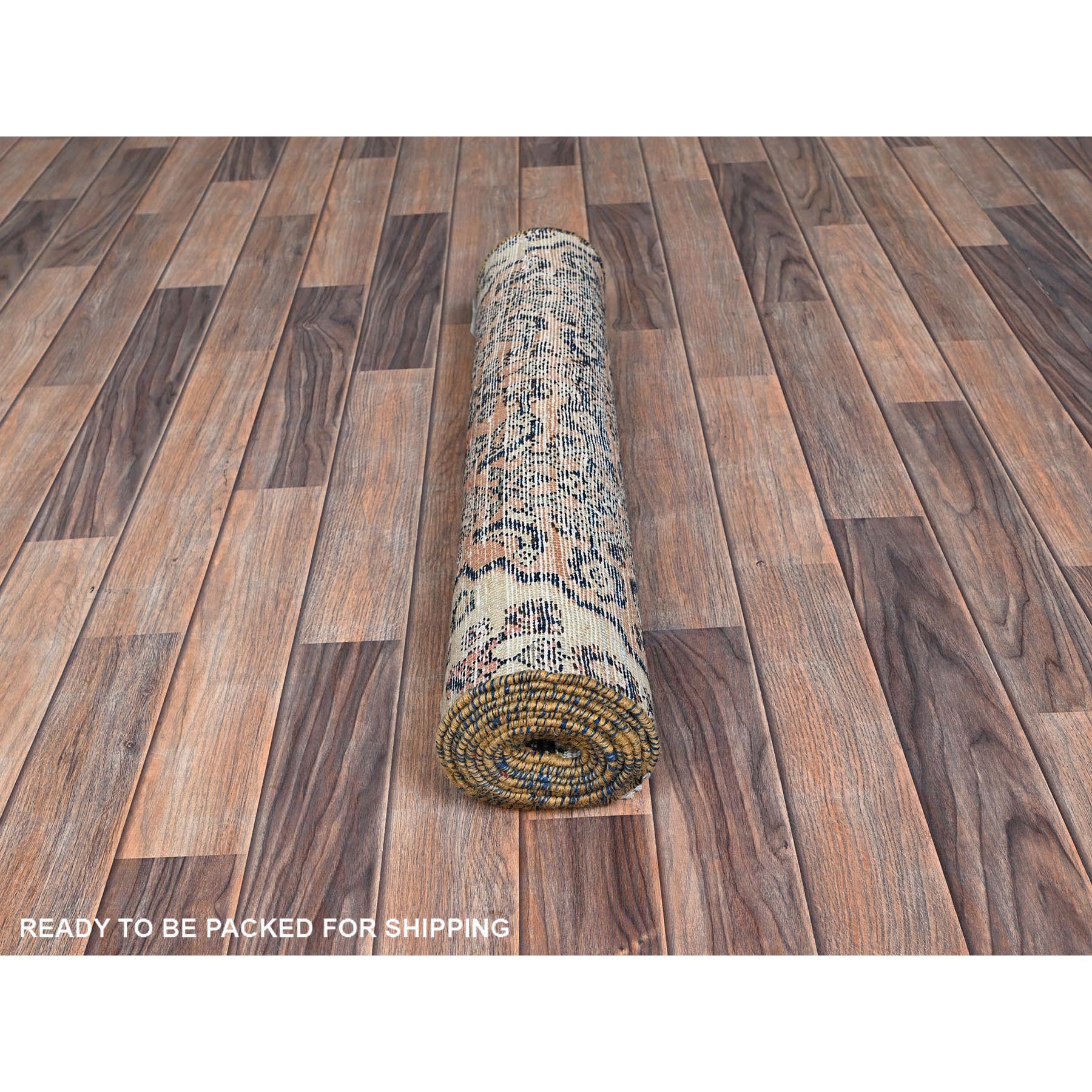 2'7"x9'1" Beige, Vintage Persian Hussainabad with All Over Design, Hand Knotted, 100% Wool, Sheared Low, Zero Pile, Sides and Ends Professionally Secured, Clean, Fragment, Runner, Oriental Rug Sh994