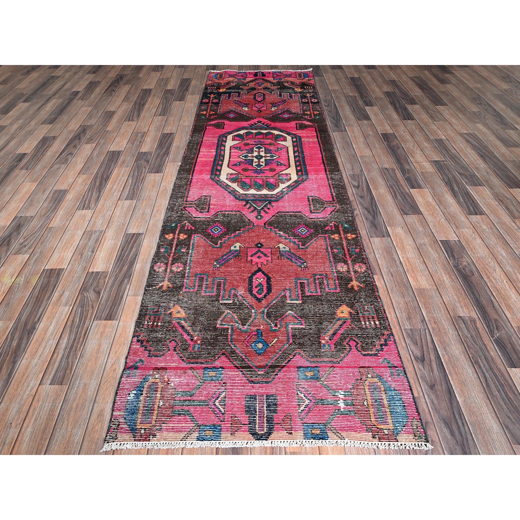 3'x9'8" Hot Pink, Overdyed Vintage Persian Hamadan with Geometric Pattern, Worn and Distressed, Hand Knotted, 100% Wool, Cropped Thin, Zero Pile, Sides and Ends Professionally Secured, Clean, Runner, Oriental Rug Sh997