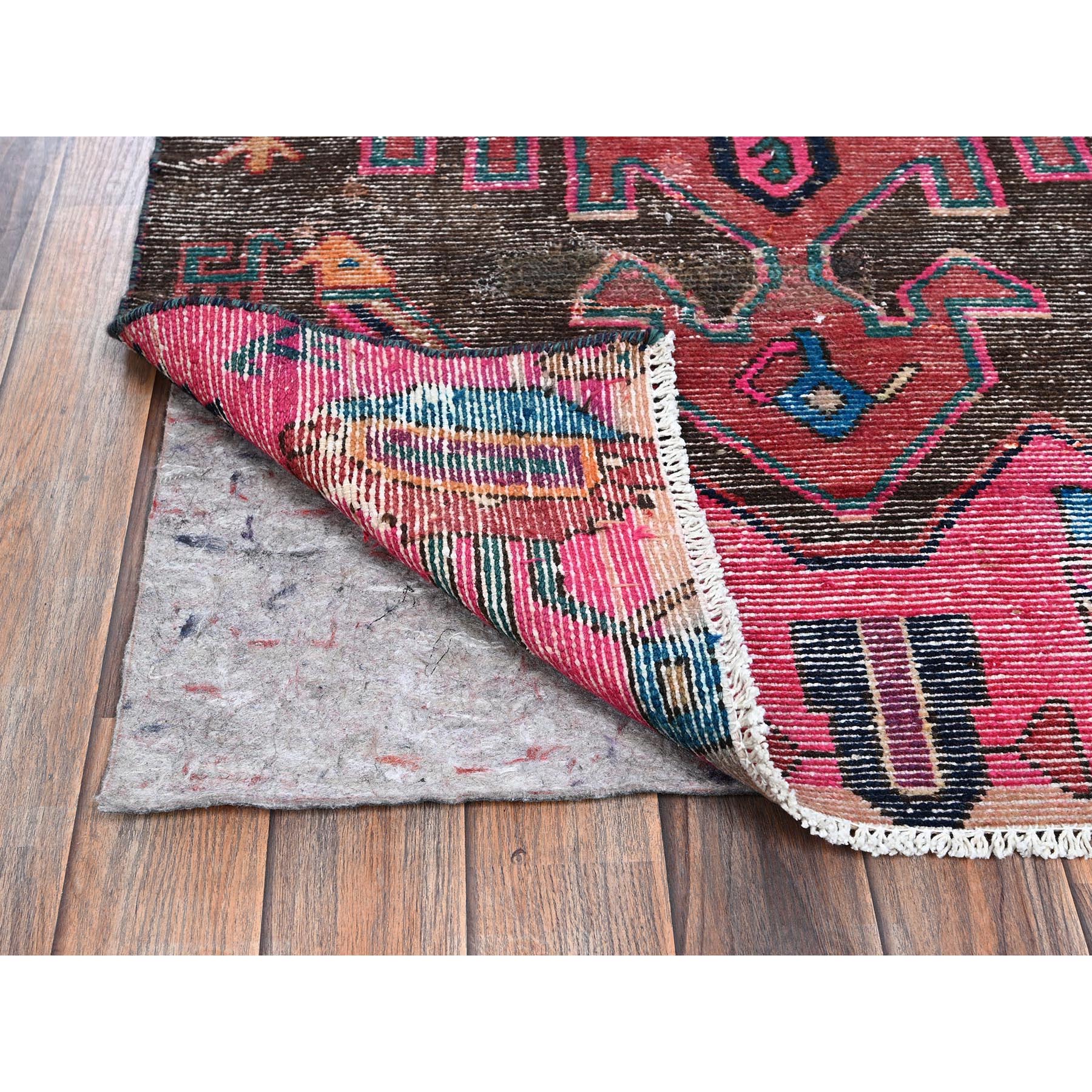 3'x9'8" Hot Pink, Overdyed Vintage Persian Hamadan with Geometric Pattern, Worn and Distressed, Hand Knotted, 100% Wool, Cropped Thin, Zero Pile, Sides and Ends Professionally Secured, Clean, Runner, Oriental Rug Sh997