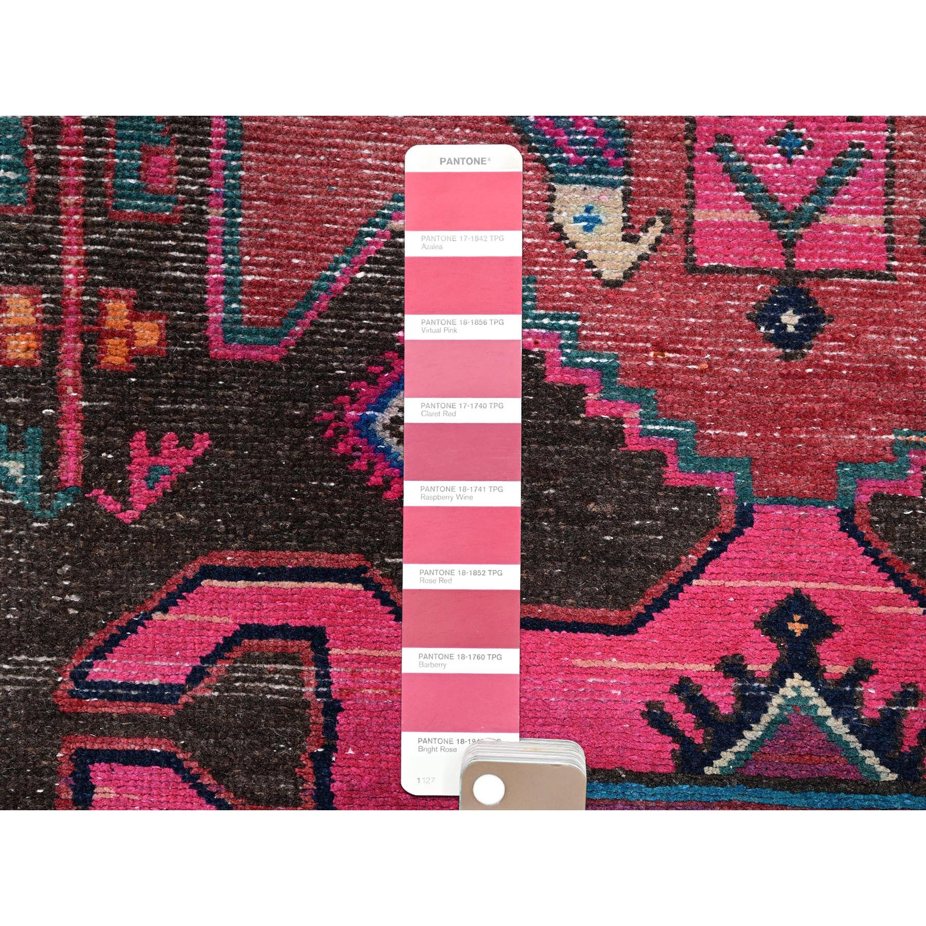 3'x9'8" Hot Pink, Overdyed Vintage Persian Hamadan with Geometric Pattern, Worn and Distressed, Hand Knotted, 100% Wool, Cropped Thin, Zero Pile, Sides and Ends Professionally Secured, Clean, Runner, Oriental Rug Sh997