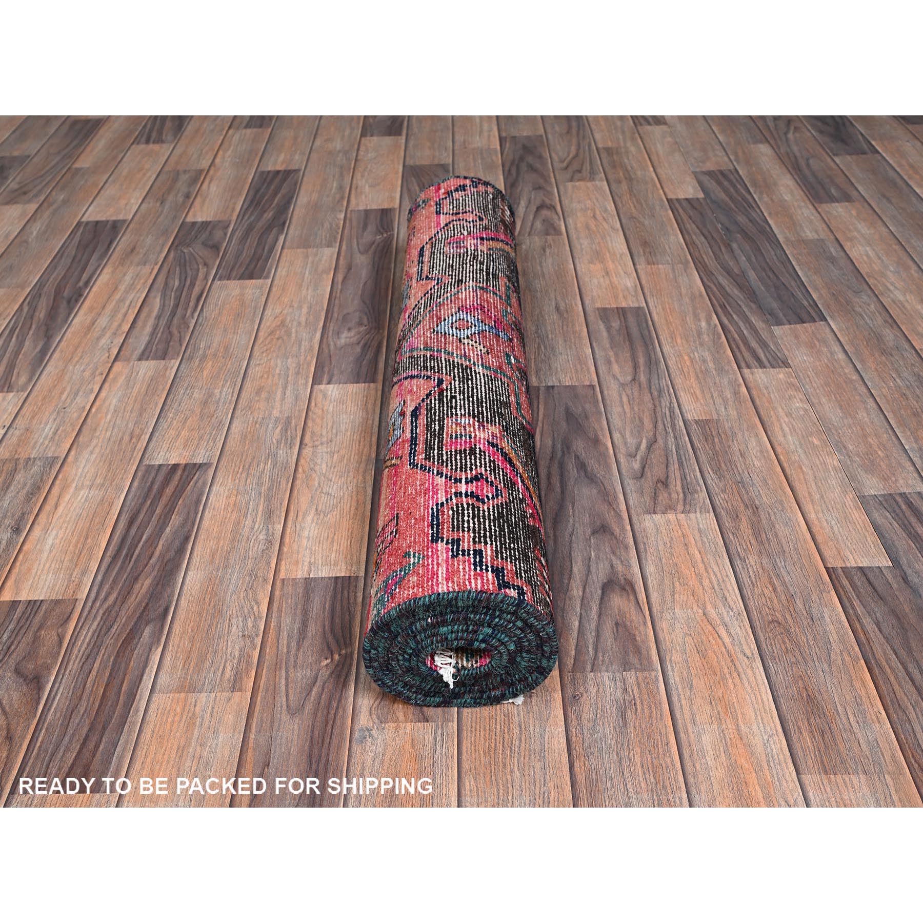 3'x9'8" Hot Pink, Overdyed Vintage Persian Hamadan with Geometric Pattern, Worn and Distressed, Hand Knotted, 100% Wool, Cropped Thin, Zero Pile, Sides and Ends Professionally Secured, Clean, Runner, Oriental Rug Sh997