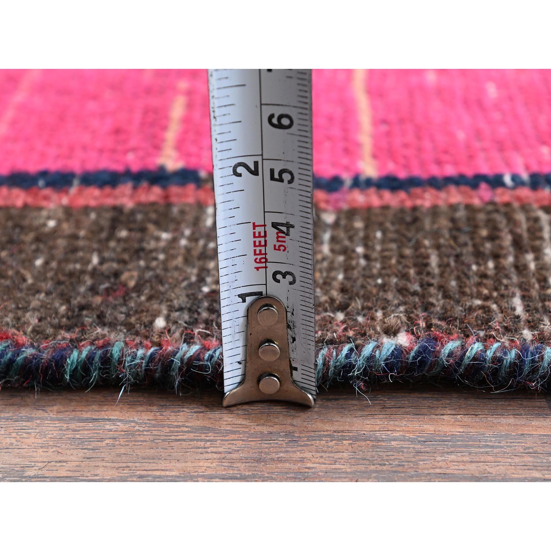 3'x9'8" Hot Pink, Overdyed Vintage Persian Hamadan with Geometric Pattern, Worn and Distressed, Hand Knotted, 100% Wool, Cropped Thin, Zero Pile, Sides and Ends Professionally Secured, Clean, Runner, Oriental Rug Sh997