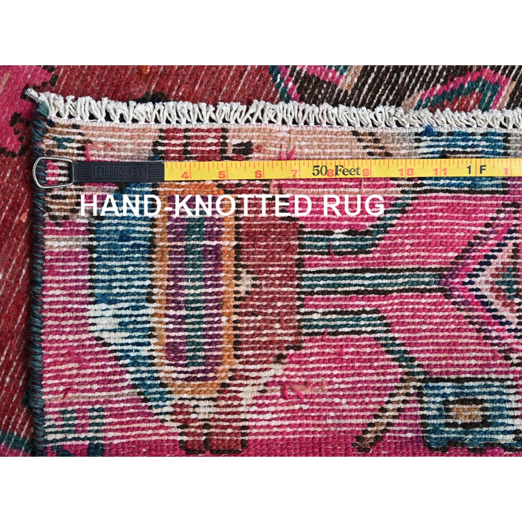 3'x9'8" Hot Pink, Overdyed Vintage Persian Hamadan with Geometric Pattern, Worn and Distressed, Hand Knotted, 100% Wool, Cropped Thin, Zero Pile, Sides and Ends Professionally Secured, Clean, Runner, Oriental Rug Sh997