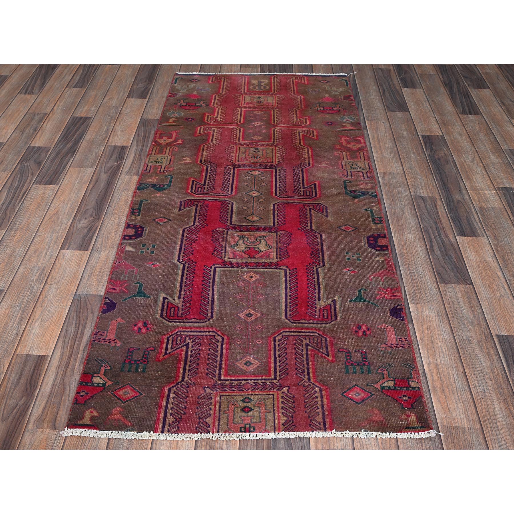 2'8"x6' Coffee Brown with Red, Overdyed Vintage Northwest Persian with Geometric Pattern, Animal Figurines, Hand Knotted, 100% Wool, Worn and Distressed, Sheared Low, Zero Pile, Sides and Ends Professionally Secured, Fragment, Runner, Oriental Rug Sh998