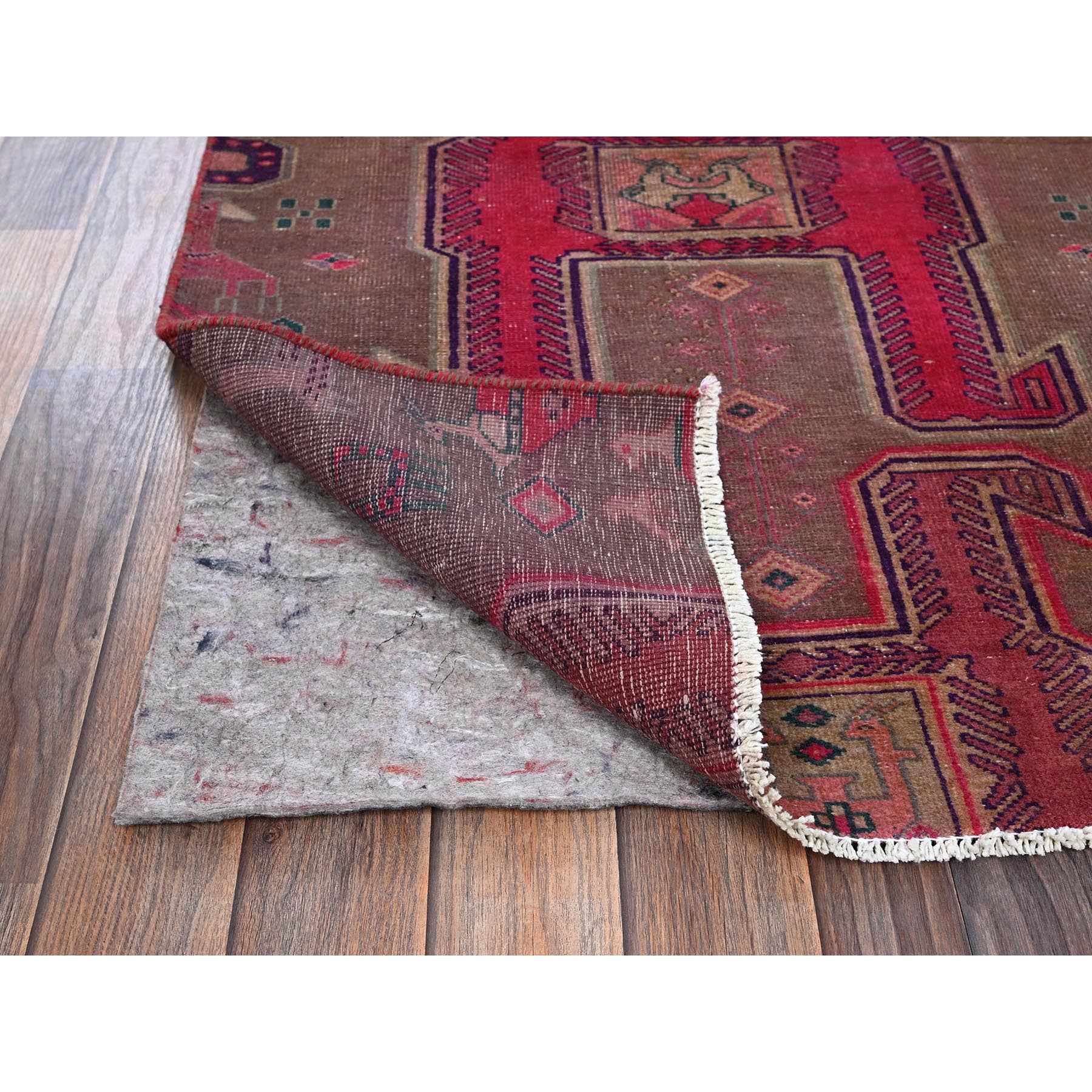 2'8"x6' Coffee Brown with Red, Overdyed Vintage Northwest Persian with Geometric Pattern, Animal Figurines, Hand Knotted, 100% Wool, Worn and Distressed, Sheared Low, Zero Pile, Sides and Ends Professionally Secured, Fragment, Runner, Oriental Rug Sh998