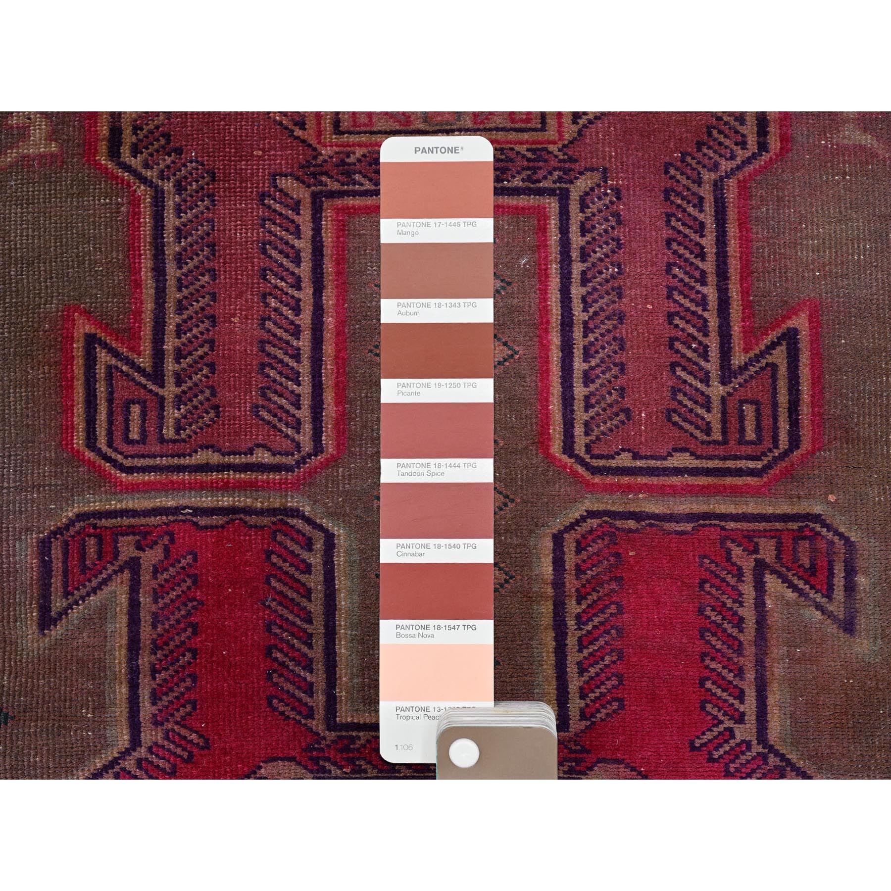 2'8"x6' Coffee Brown with Red, Overdyed Vintage Northwest Persian with Geometric Pattern, Animal Figurines, Hand Knotted, 100% Wool, Worn and Distressed, Sheared Low, Zero Pile, Sides and Ends Professionally Secured, Fragment, Runner, Oriental Rug Sh998