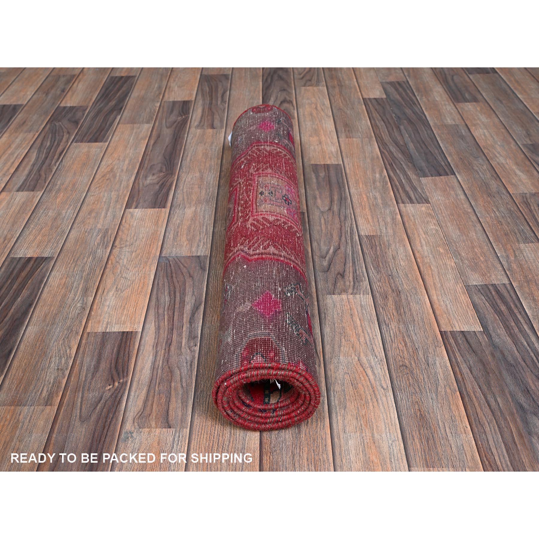2'8"x6' Coffee Brown with Red, Overdyed Vintage Northwest Persian with Geometric Pattern, Animal Figurines, Hand Knotted, 100% Wool, Worn and Distressed, Sheared Low, Zero Pile, Sides and Ends Professionally Secured, Fragment, Runner, Oriental Rug Sh998