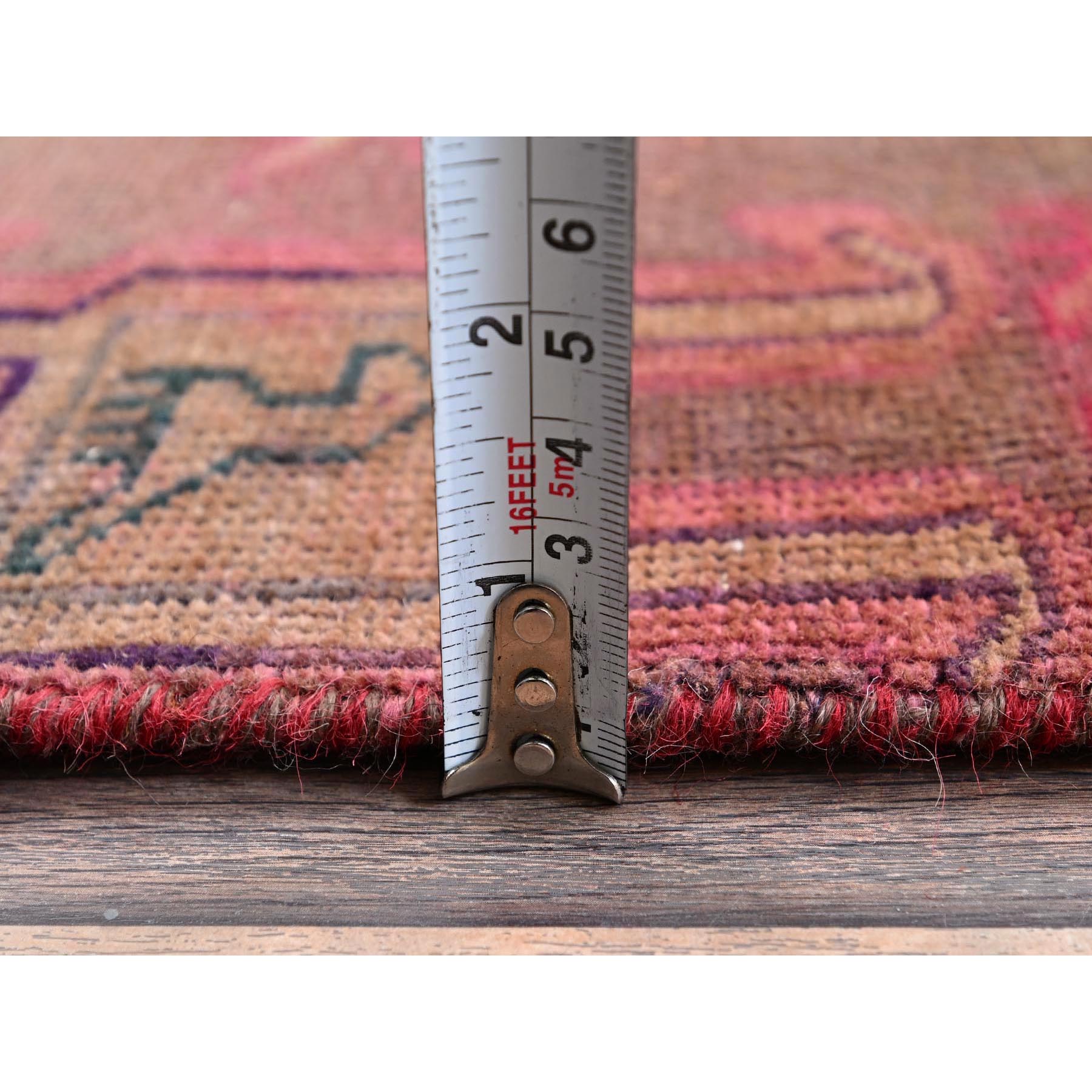 2'8"x6' Coffee Brown with Red, Overdyed Vintage Northwest Persian with Geometric Pattern, Animal Figurines, Hand Knotted, 100% Wool, Worn and Distressed, Sheared Low, Zero Pile, Sides and Ends Professionally Secured, Fragment, Runner, Oriental Rug Sh998