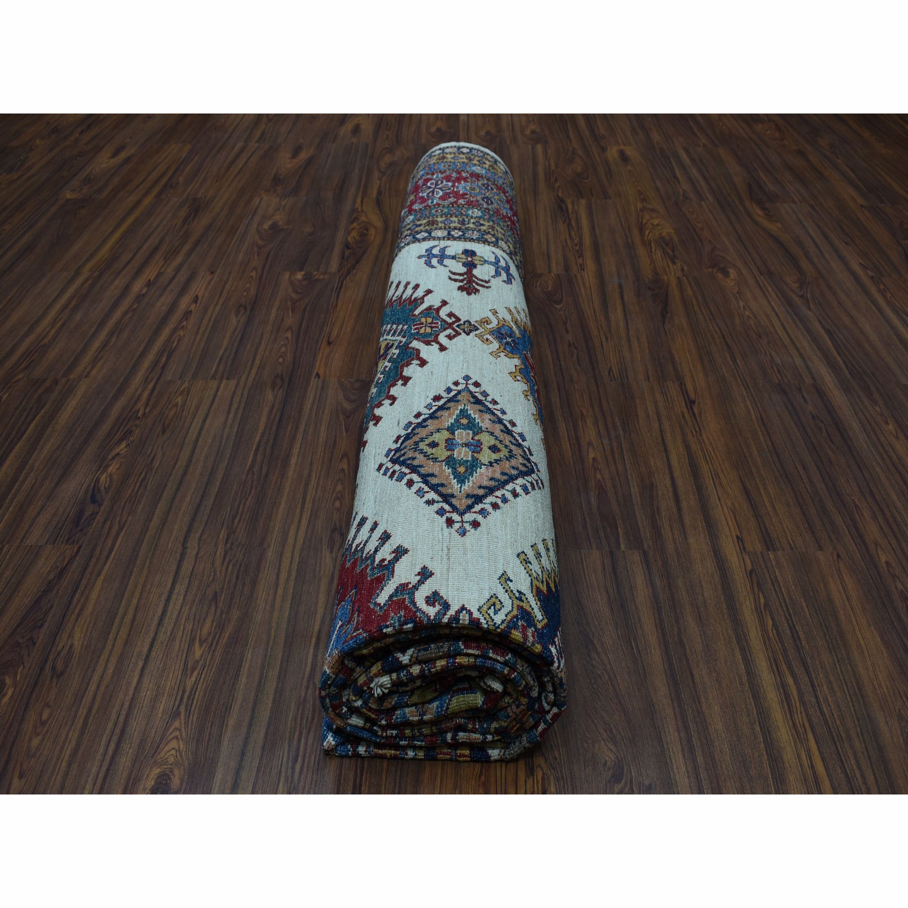 10-x13-1  Super Kazak Pure Wool Ivory Geometric Design Hand-Knotted Oriental Rug 