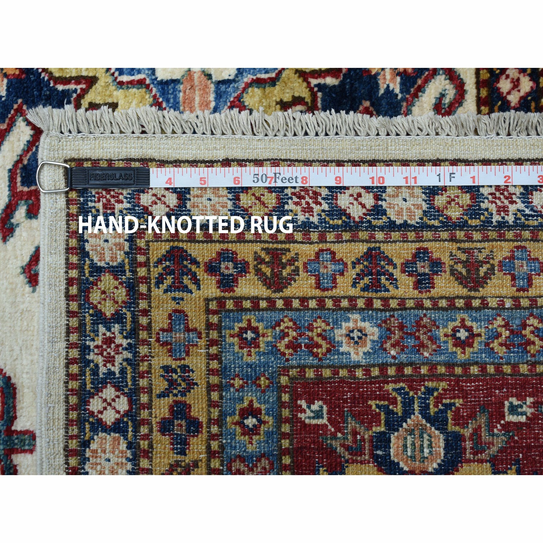 10-x13-1  Super Kazak Pure Wool Ivory Geometric Design Hand-Knotted Oriental Rug 