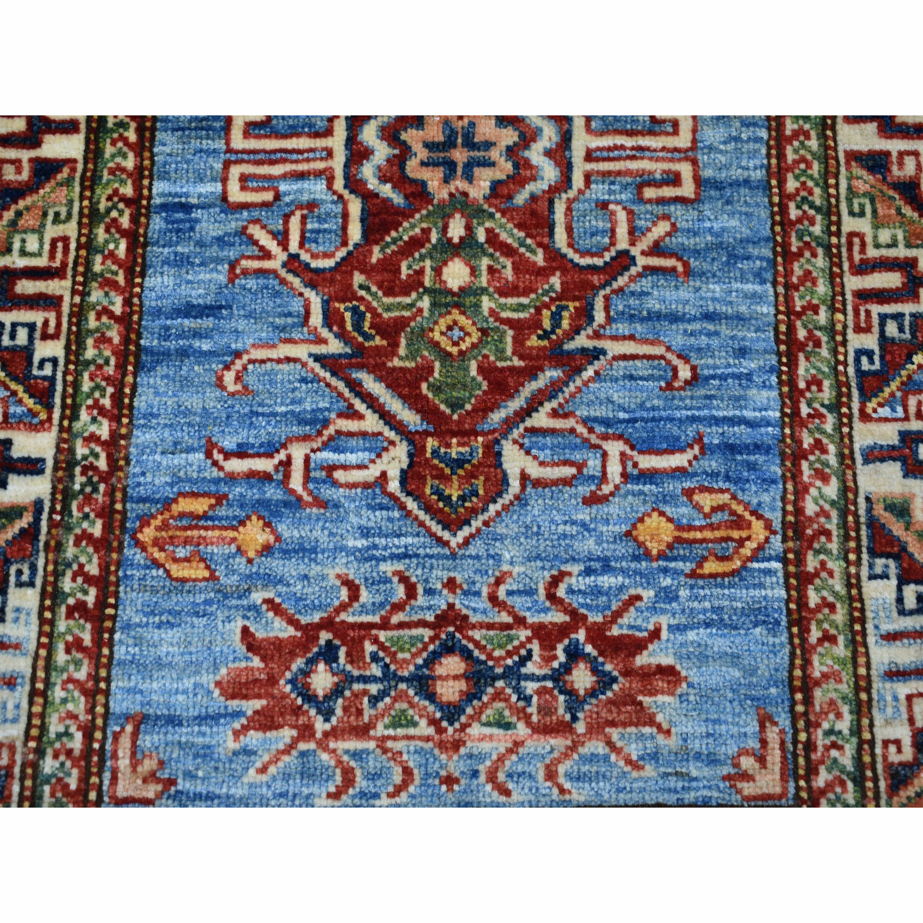 2-1 x3- Super Kazak Pure Wool Blue Geometric Design Hand-Knotted Oriental Rug 