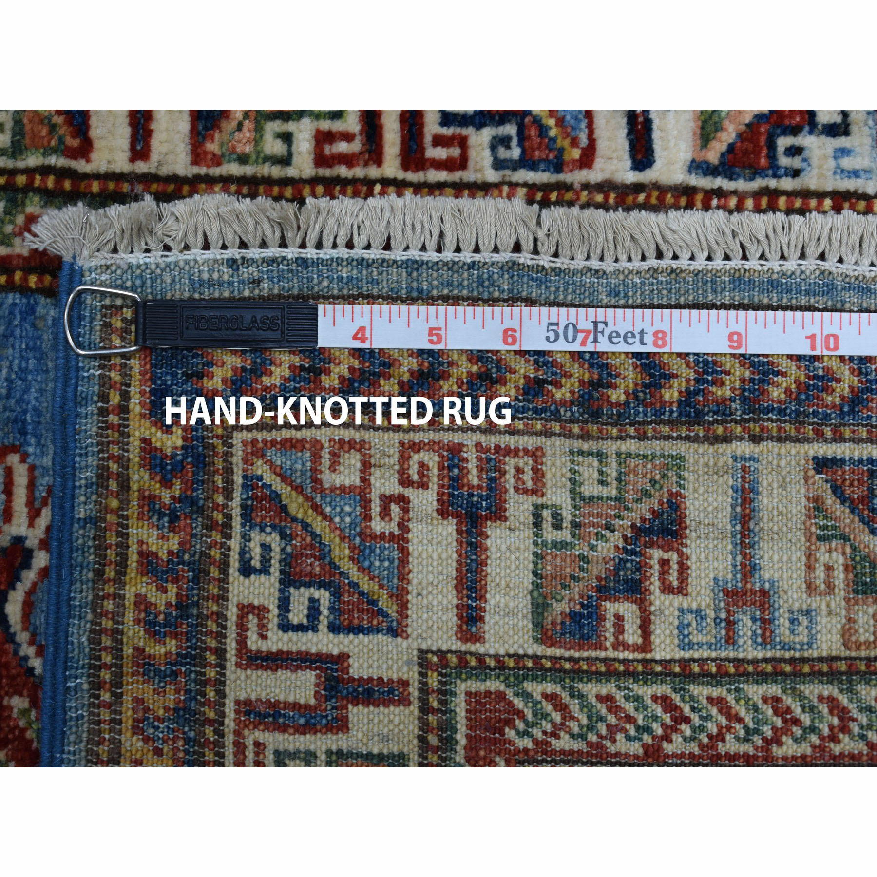 2-1 x3- Super Kazak Pure Wool Blue Geometric Design Hand-Knotted Oriental Rug 