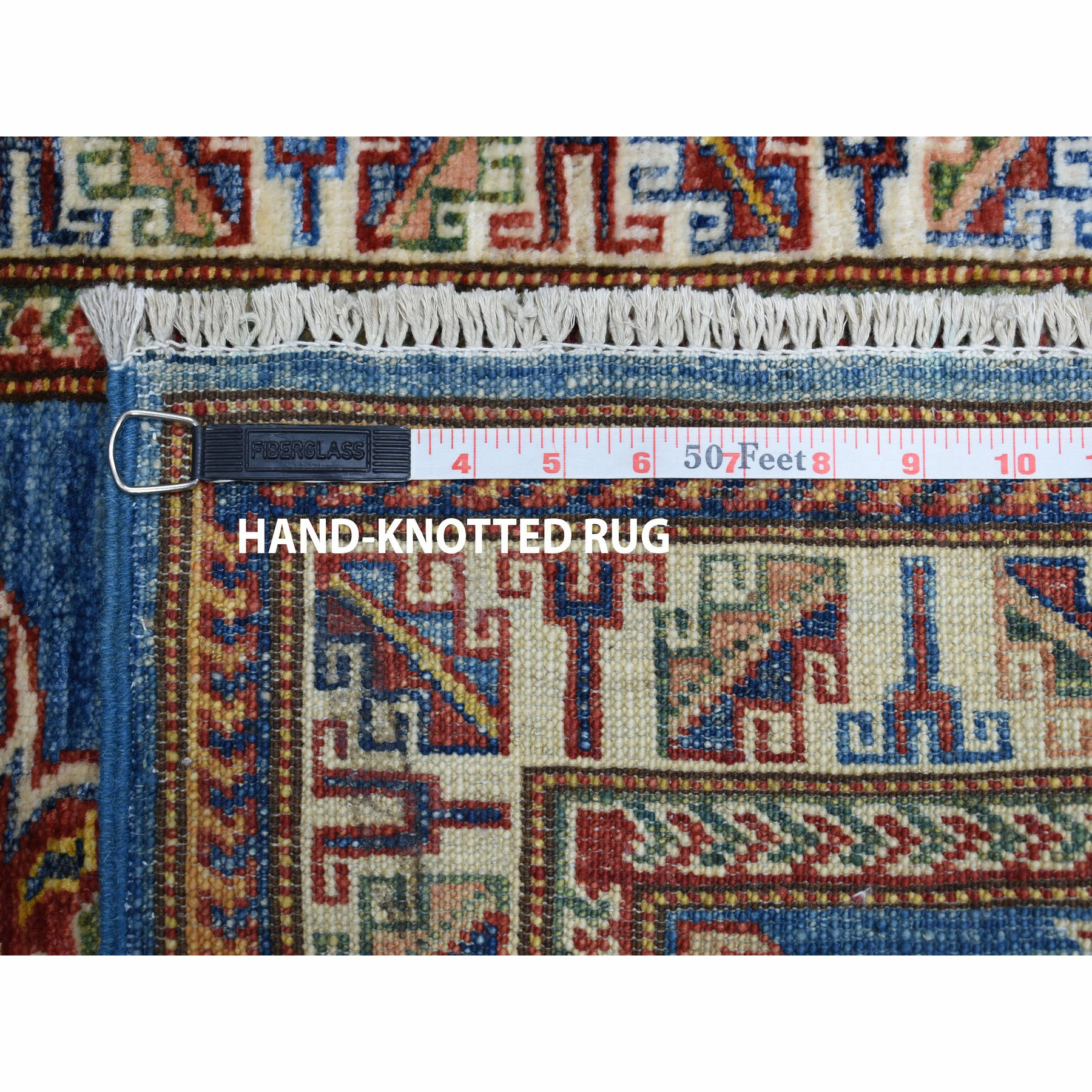 2-1 x2-10  Super Kazak Pure Wool Blue Geometric Design Hand-Knotted Oriental Rug 