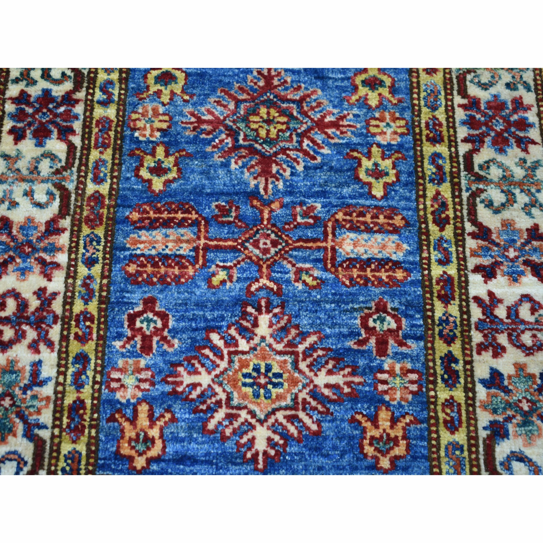 2-x2-10  Super Kazak Pure Wool Blue Geometric Design Hand-Knotted Oriental Rug 