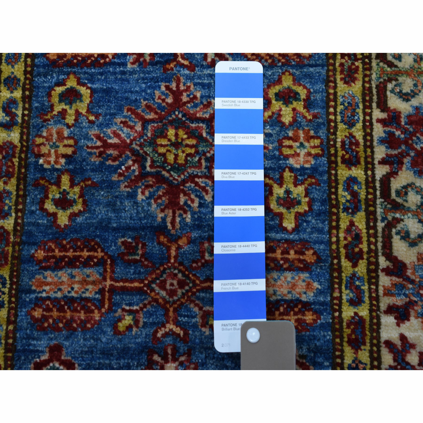 2-x2-10  Super Kazak Pure Wool Blue Geometric Design Hand-Knotted Oriental Rug 