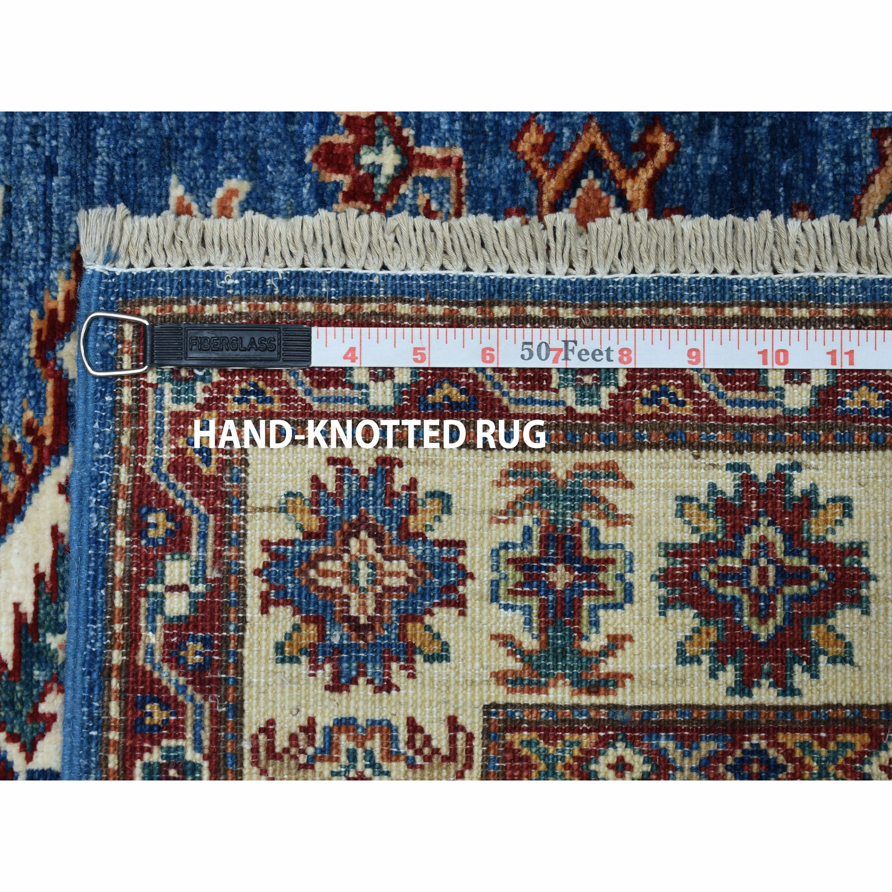 3-2 x4-8  Blue Super Kazak Pure Wool Geometric Design Hand-Knotted Oriental Rug 