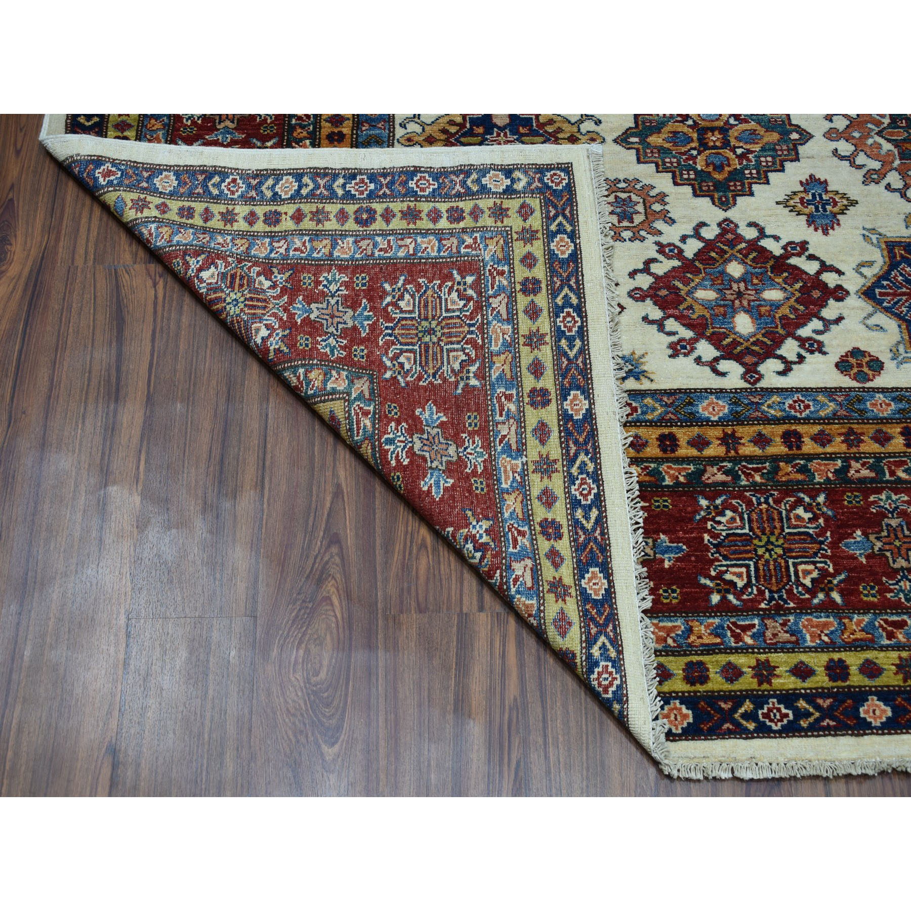 8-6 x11-9  Ivory Super Kazak Pure Wool Geometric Design Hand-Knotted Oriental Rug 