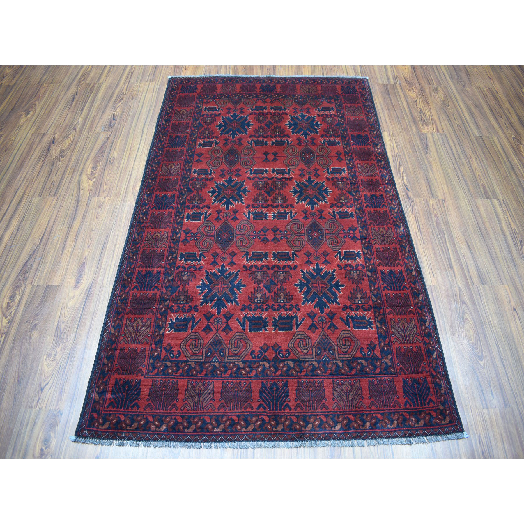 4-x6-4  Vintage Look Red Geometric Design Afghan Andkhoy Pure Wool Hand-Knotted Oriental Rug 
