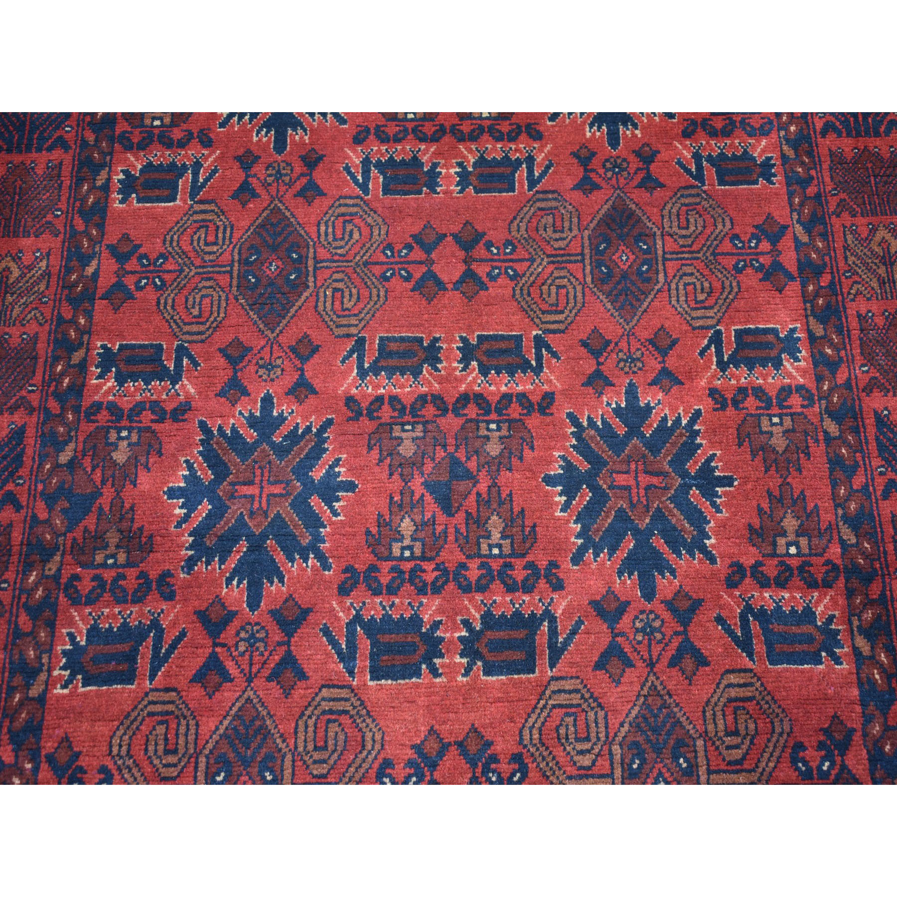 4-x6-4  Vintage Look Red Geometric Design Afghan Andkhoy Pure Wool Hand-Knotted Oriental Rug 