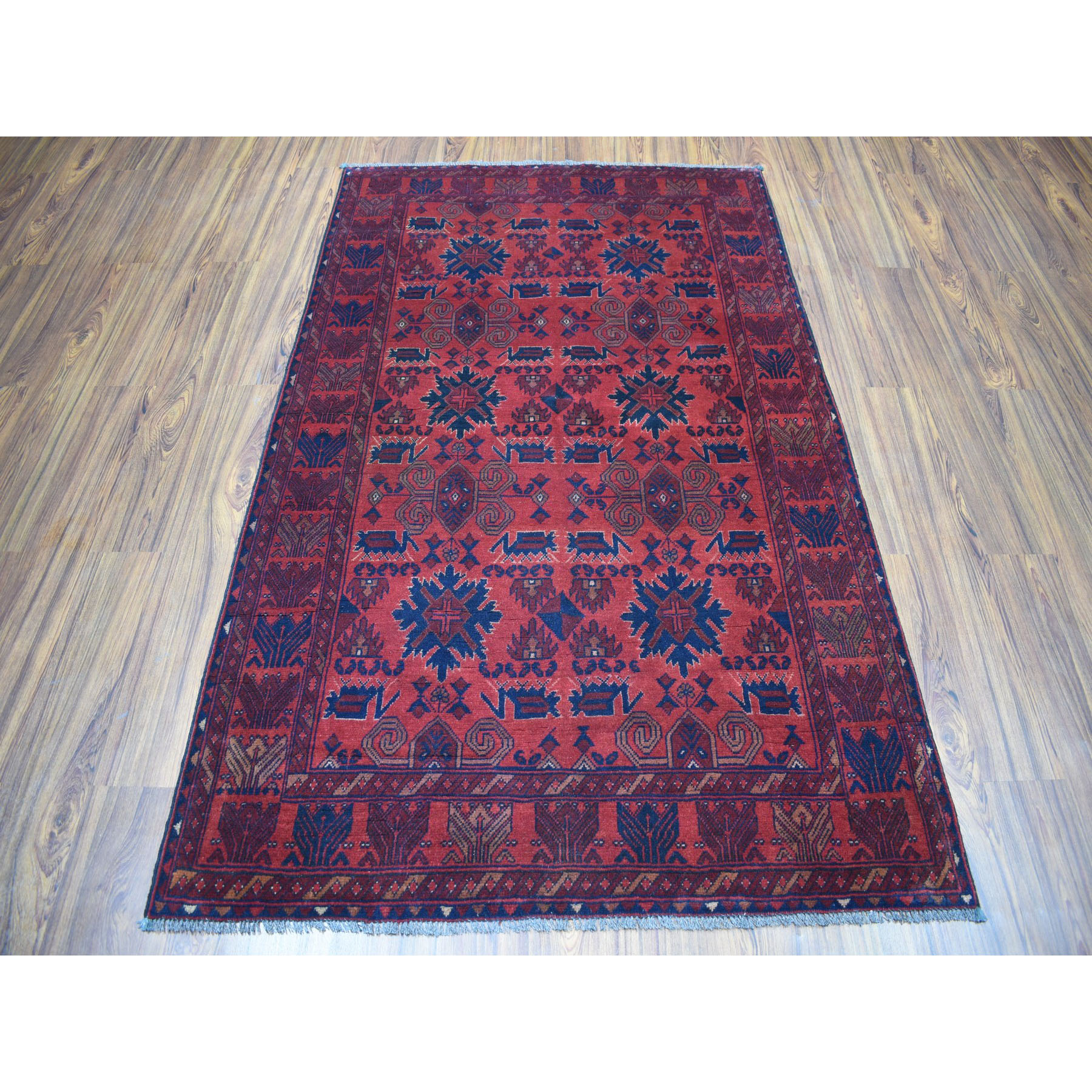 4-2 x6-7  Vintage Look Red Geometric Design Afghan Andkhoy Pure Wool Hand-Knotted Oriental Rug 
