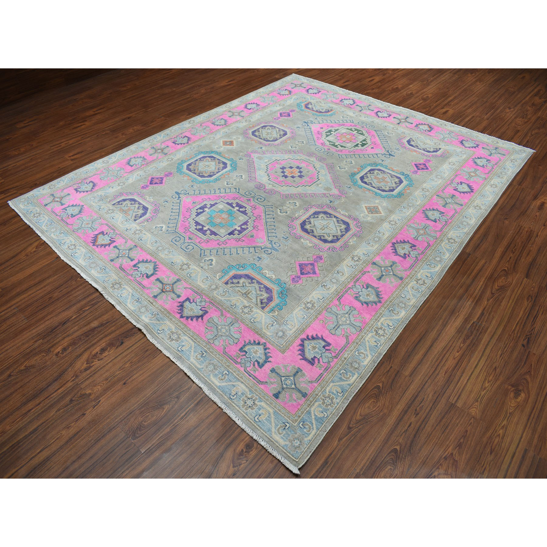 8-x9-9  Colorful Fusion Kazak Geometric Design Pure Wool Hand-Knotted Oriental Rug 