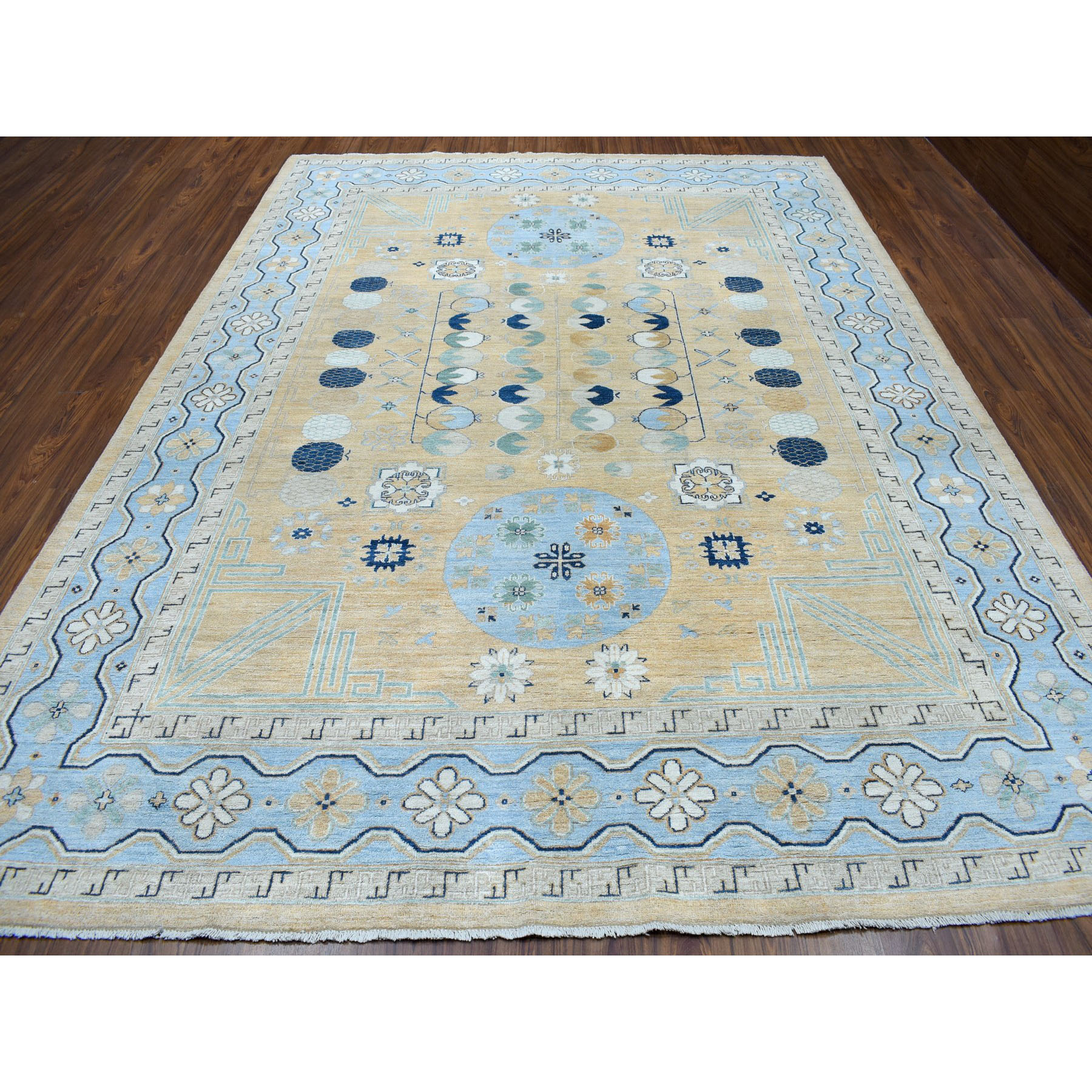 8-9 x11-7  Yellow Vintage look Khotan Pure Wool Hand-knotted Oriental Rug 