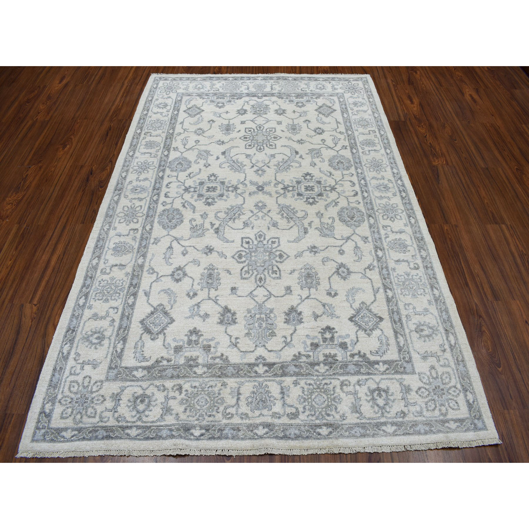 5-6 x8-2  Ivory White Wash Peshawar Pure Wool Hand-Knotted Oriental Rug 