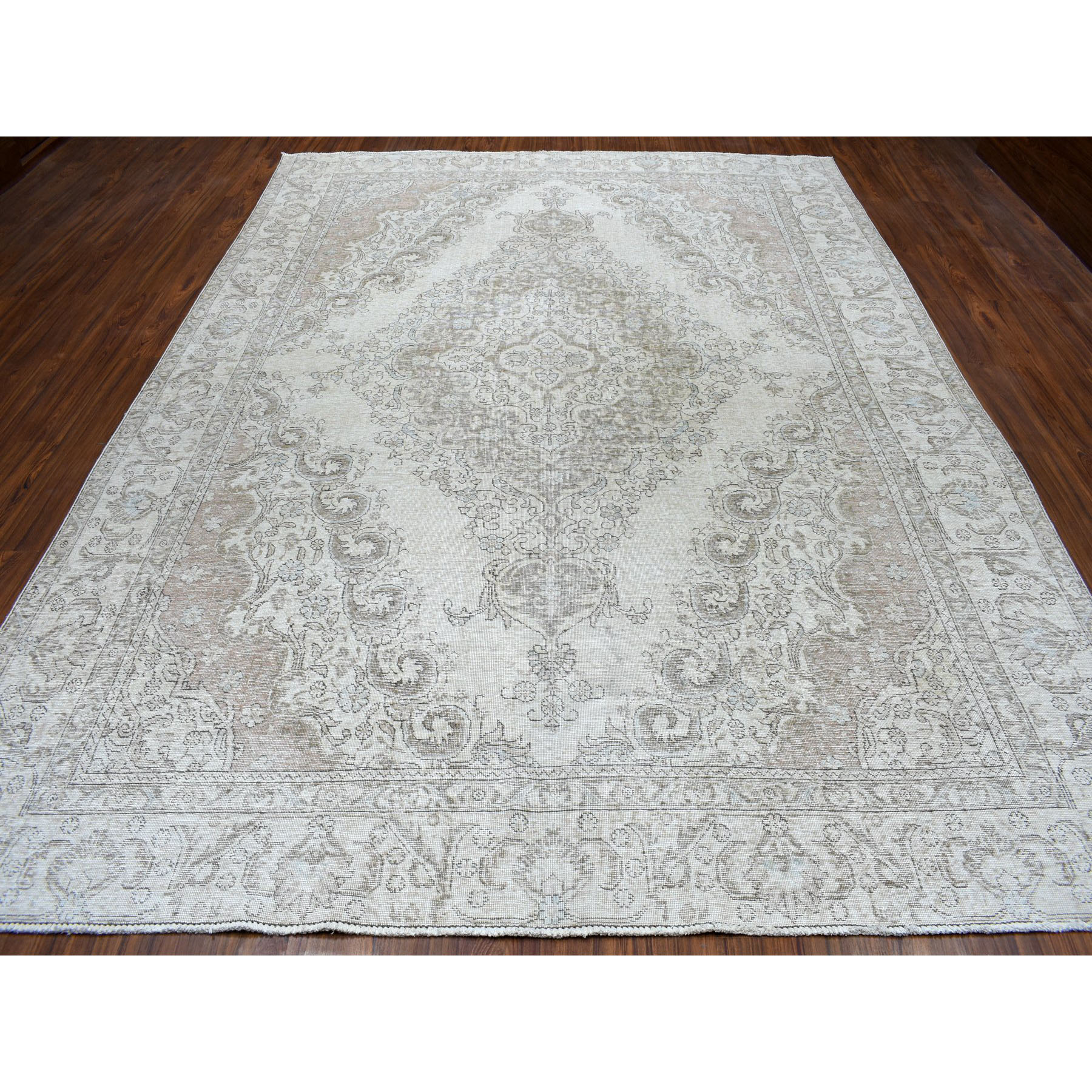 9-x12-1  Beige Vintage White Wash Tabriz Worn Wool Hand-Knotted Oriental Rug 