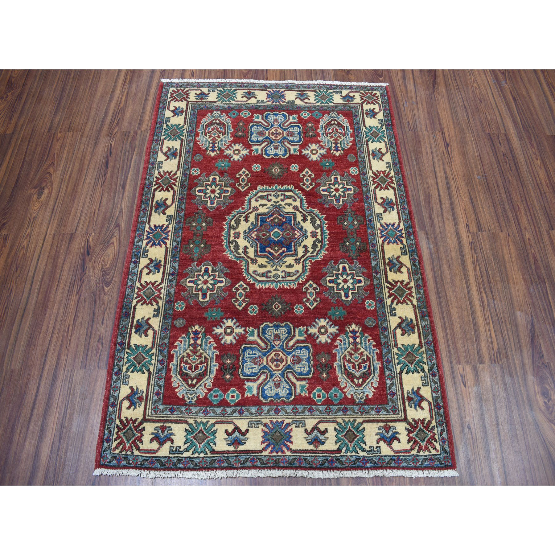 3-4 x4-8  Red Kazak Pure Wool Geometric Design Hand-Knotted Oriental rug