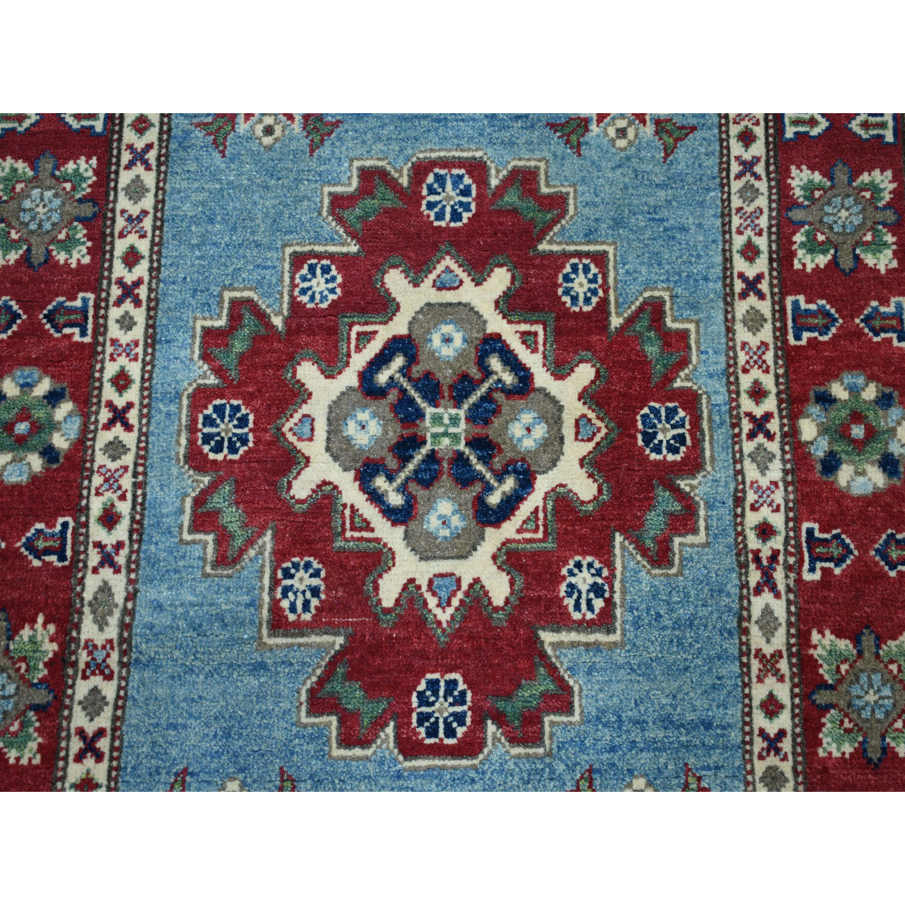 3-2 x5- Blue Geometric Design Kazak Pure Wool Hand-Knotted Oriental Rug 