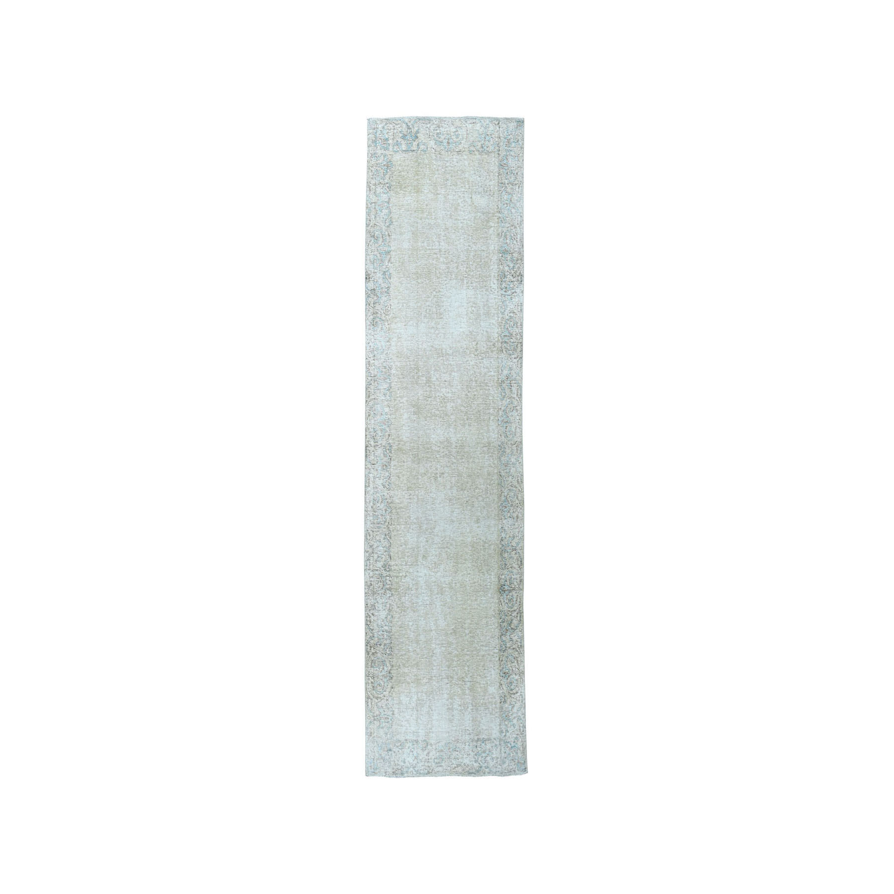 3'x9'4" Vintage White Wash Tabriz Worn Wool Runner Hand-Knotted Oriental Rug