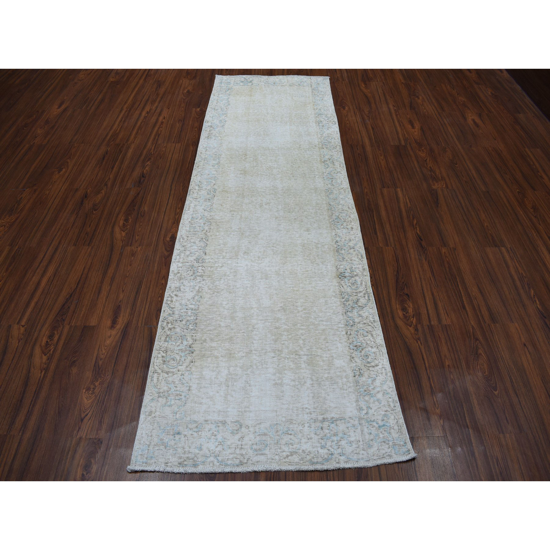 3'x9'4" Vintage White Wash Tabriz Worn Wool Runner Hand-Knotted Oriental Rug