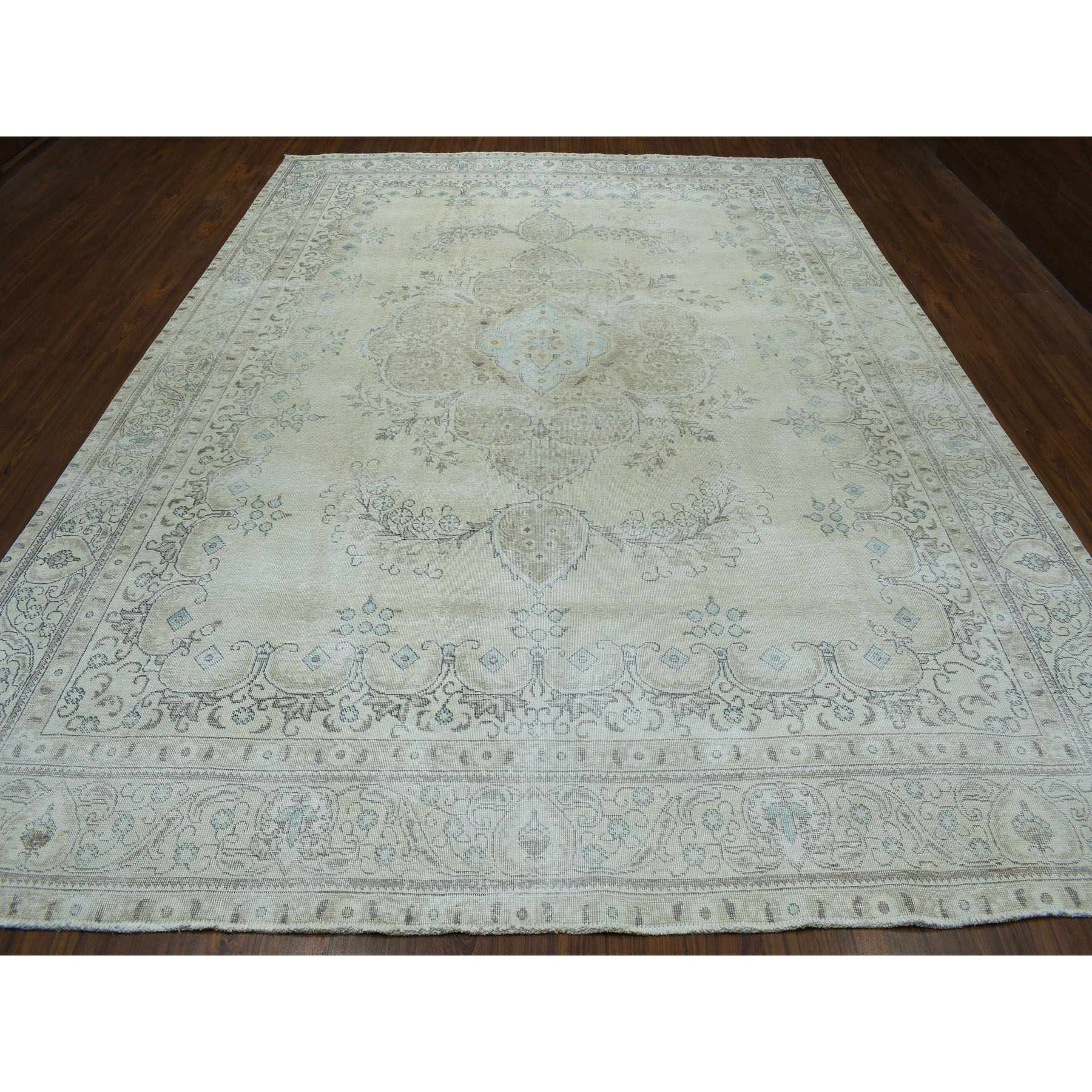 9-4 x12-7  Vintage White Wash Tabriz Worn Wool Hand-Knotted Oriental Rug 