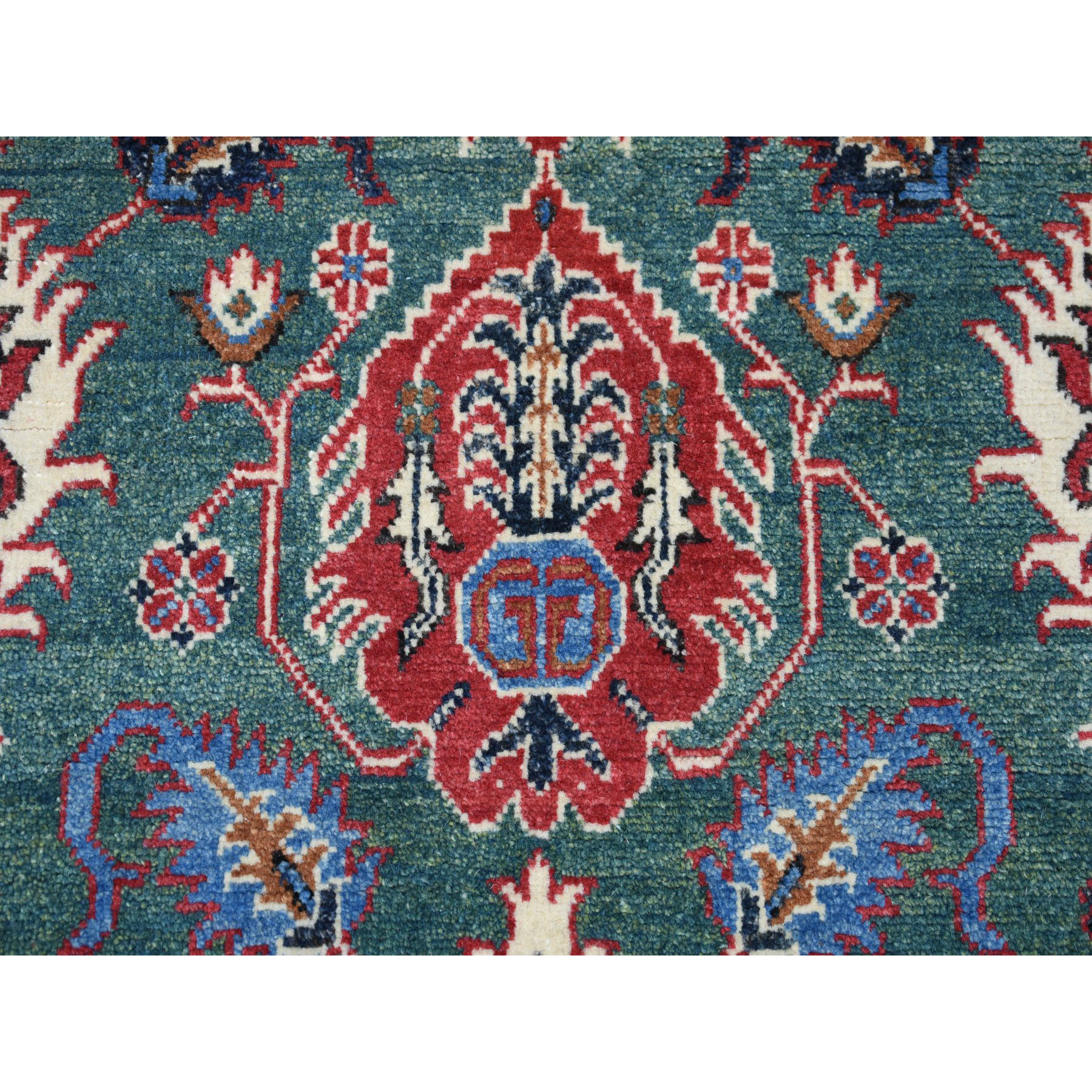 3-1 x4-10  Green Tribal and Geometric Design Kazak Hand-Knotted Pure Wool Oriental Rug 