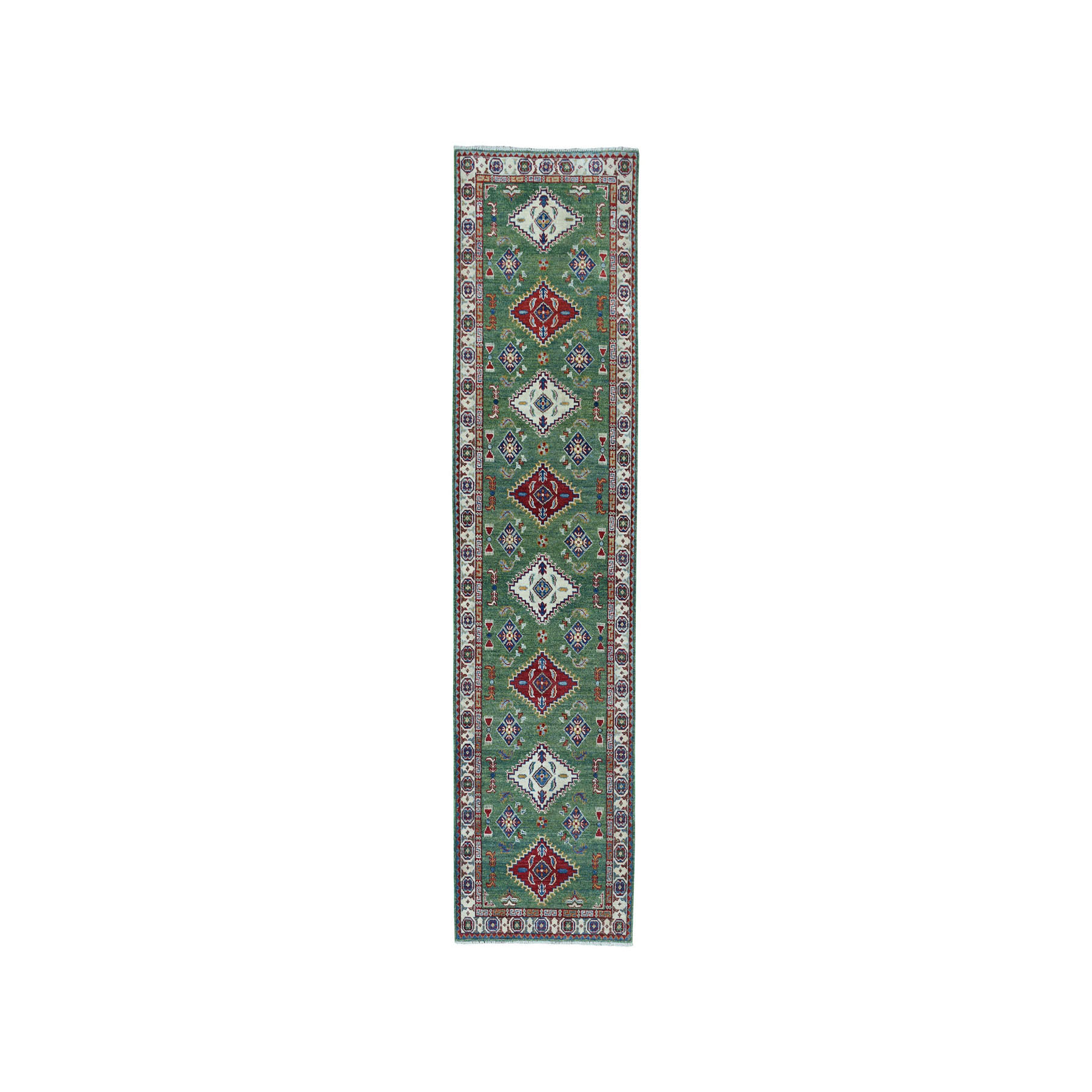 2'10"X9'5" Green Geometric Design Kazak Pure Wool Hand-Knotted Runner Oriental Rug moae0870
