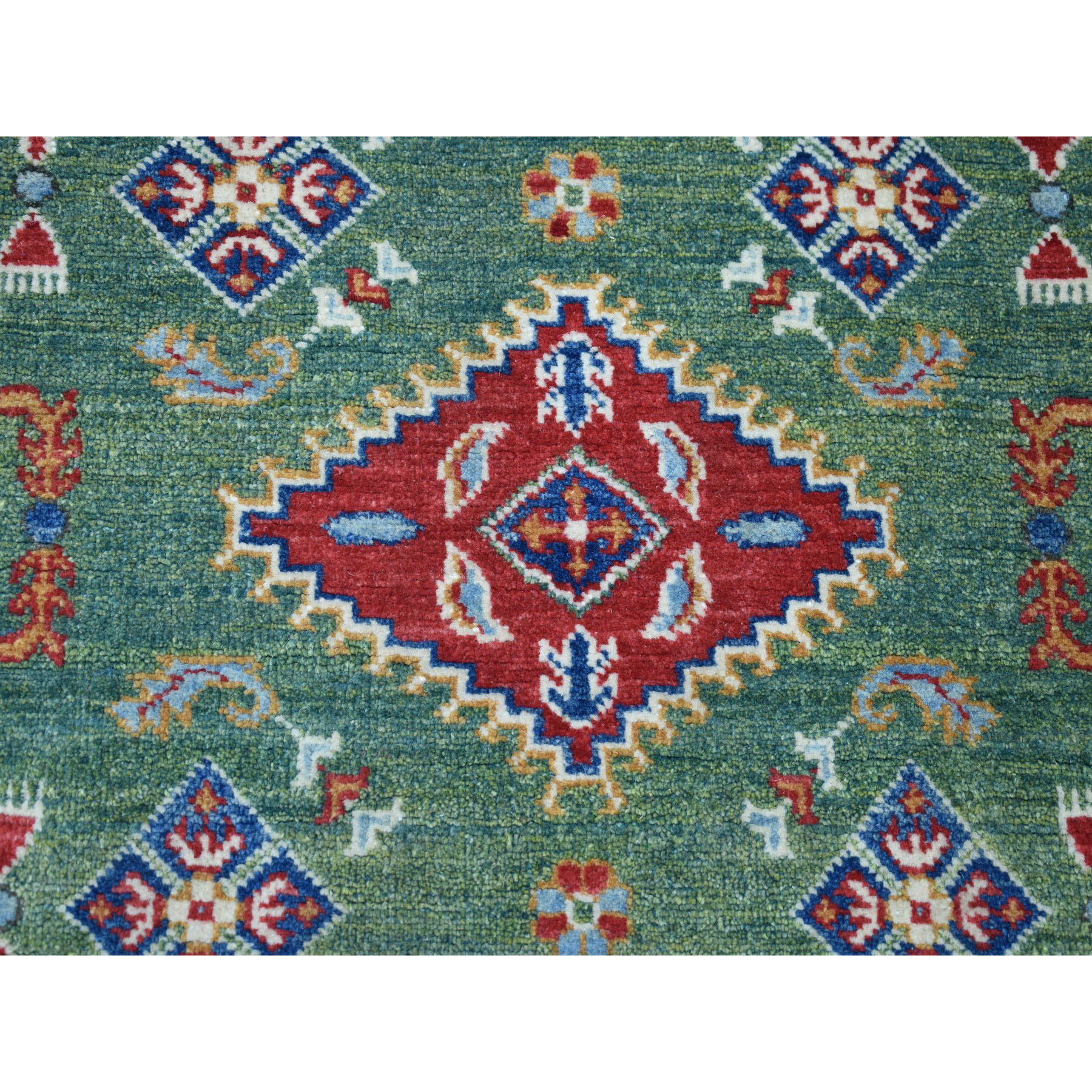 2-10 x9-5  Green Geometric Design Kazak Pure Wool Hand-Knotted Runner Oriental Rug 