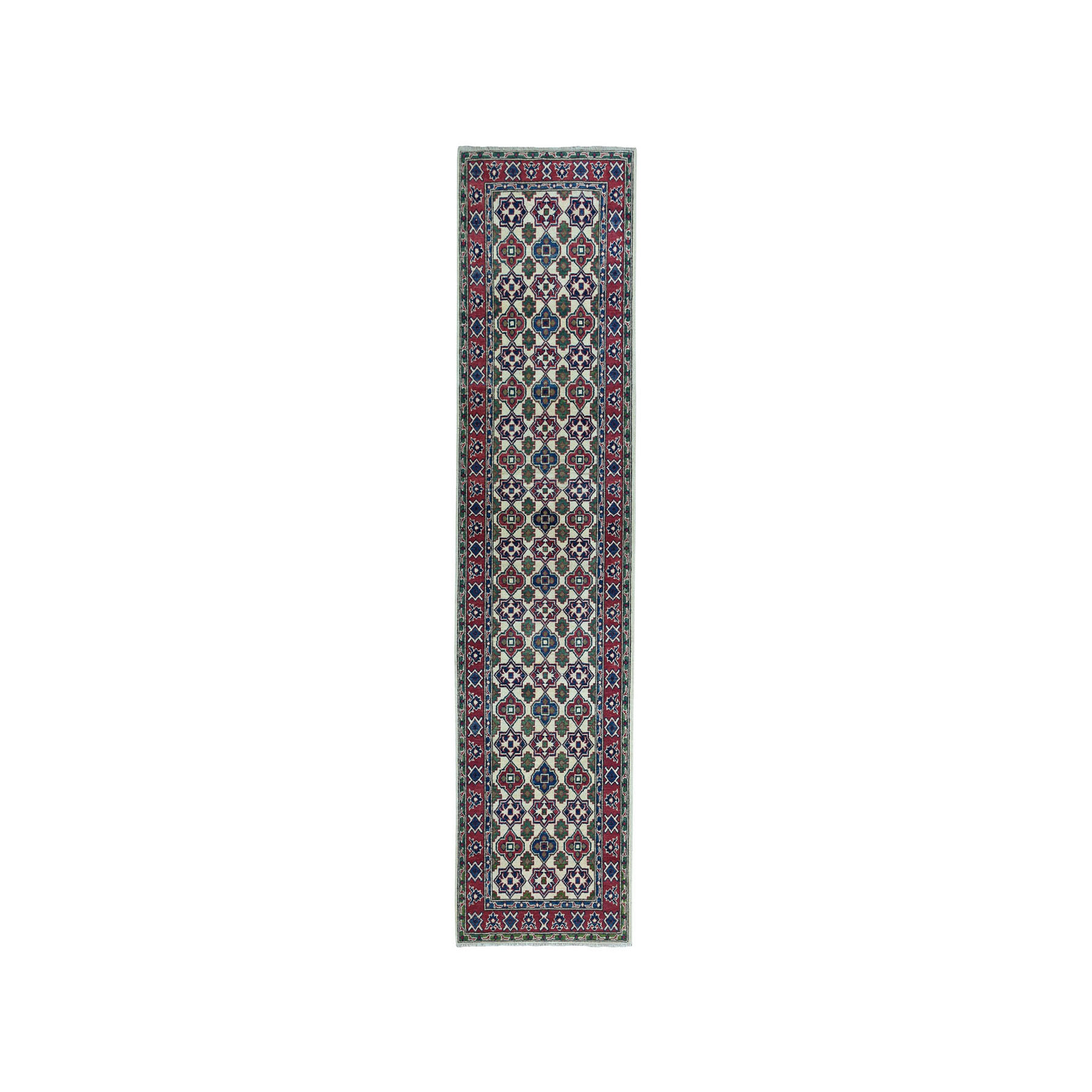 2'9"X9'8" Ivory Geometric Design Kazak Runner Pure Wool Hand-Knotted Oriental Rug moae087a
