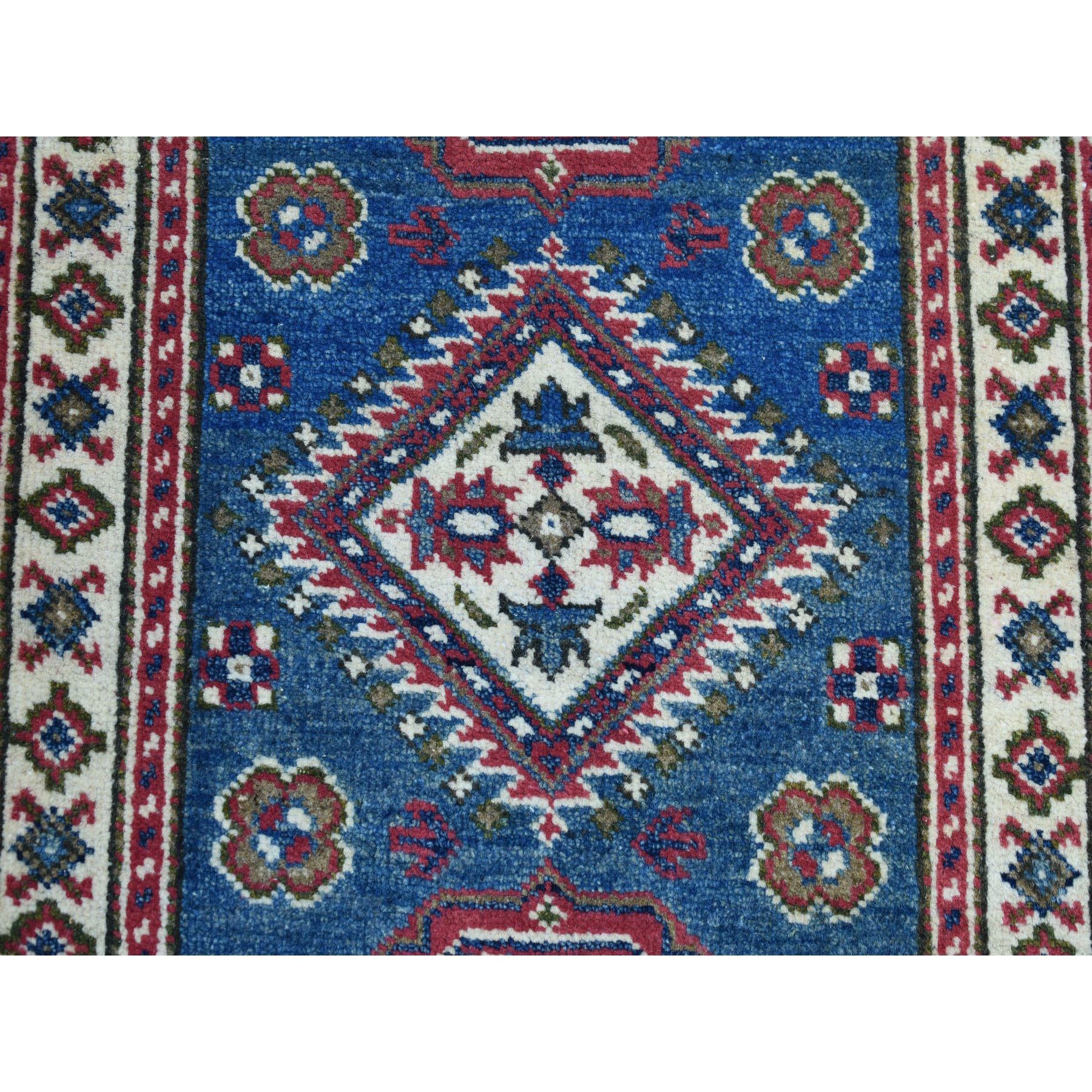 2-x3- Blue Geometric Design Kazak Pure Wool Hand-Knotted Oriental Rug 