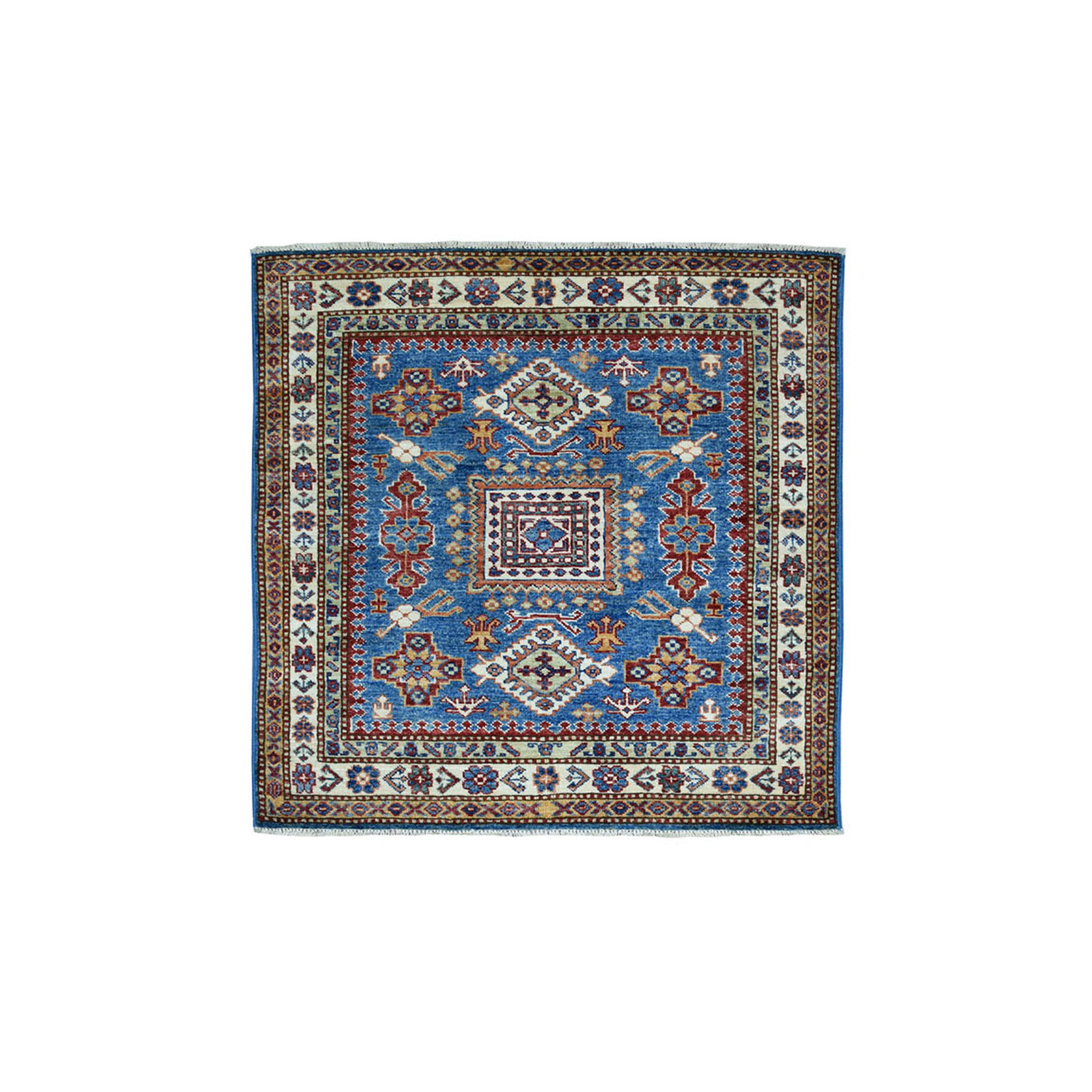 3-5 x3-5  Square Blue Super Kazak Pure Wool Geometric Design Hand-Knotted Oriental Rug 