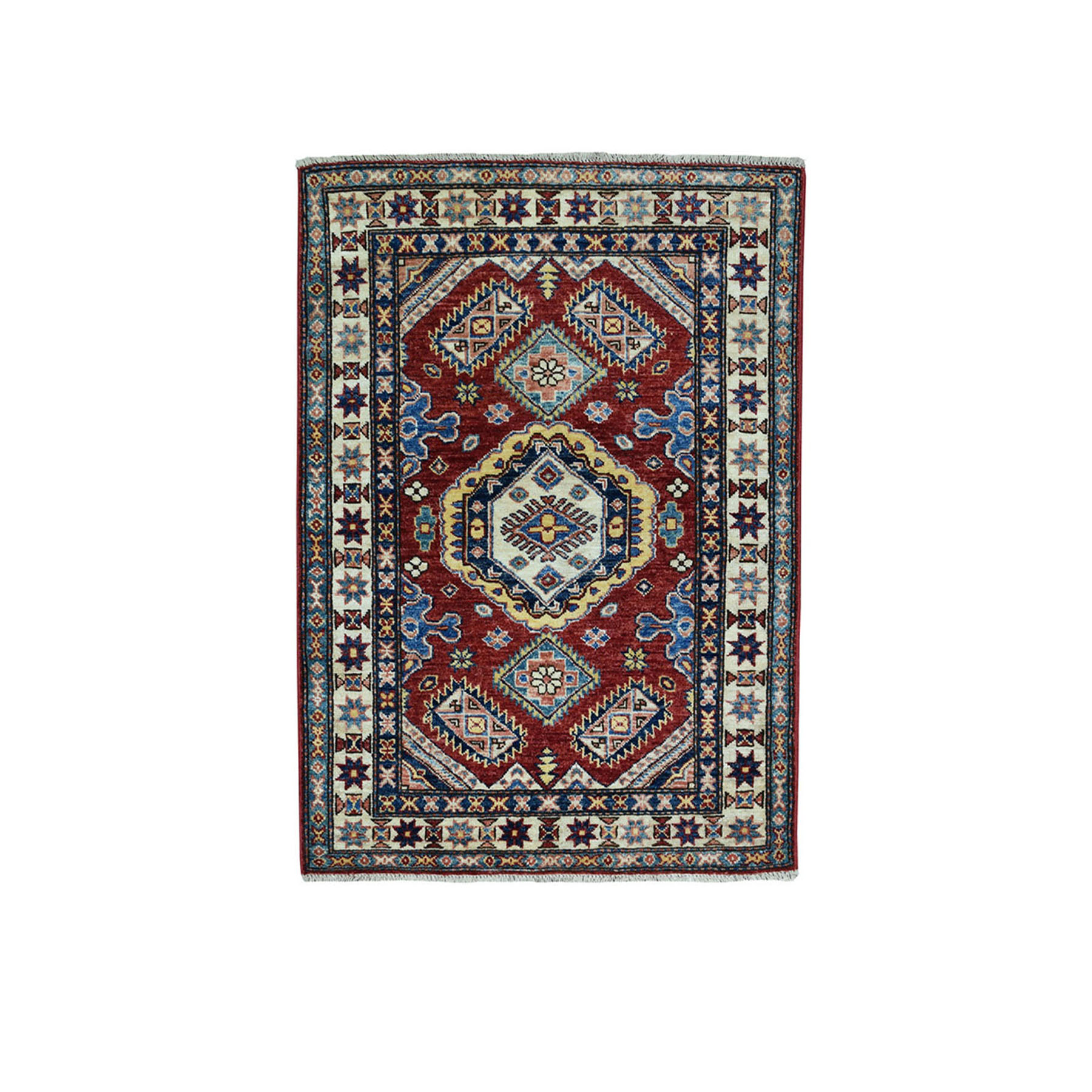 3-x4- Red Super Kazak Pure Wool Geometric Design Hand-Knotted Oriental Rug 