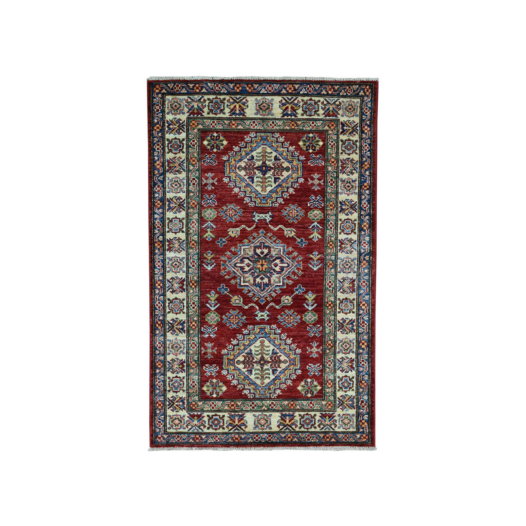 2-8 x4-4  Red Super Kazak Pure Wool Geometric Design Hand-Knotted Oriental Rug 