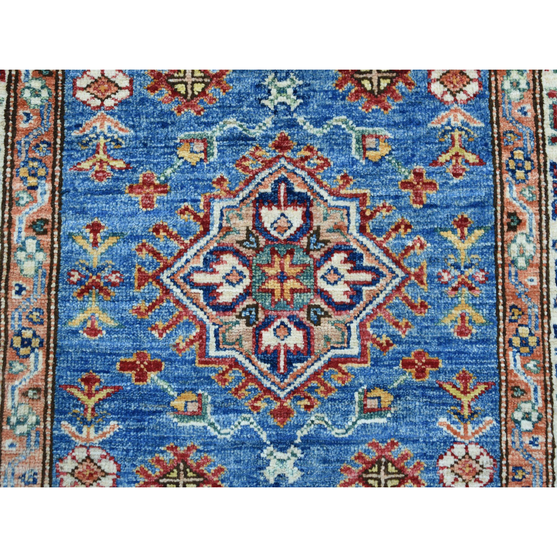 2-7 x4- Blue Super Kazak Pure Wool Geometric Design Hand-Knotted Oriental Rug 